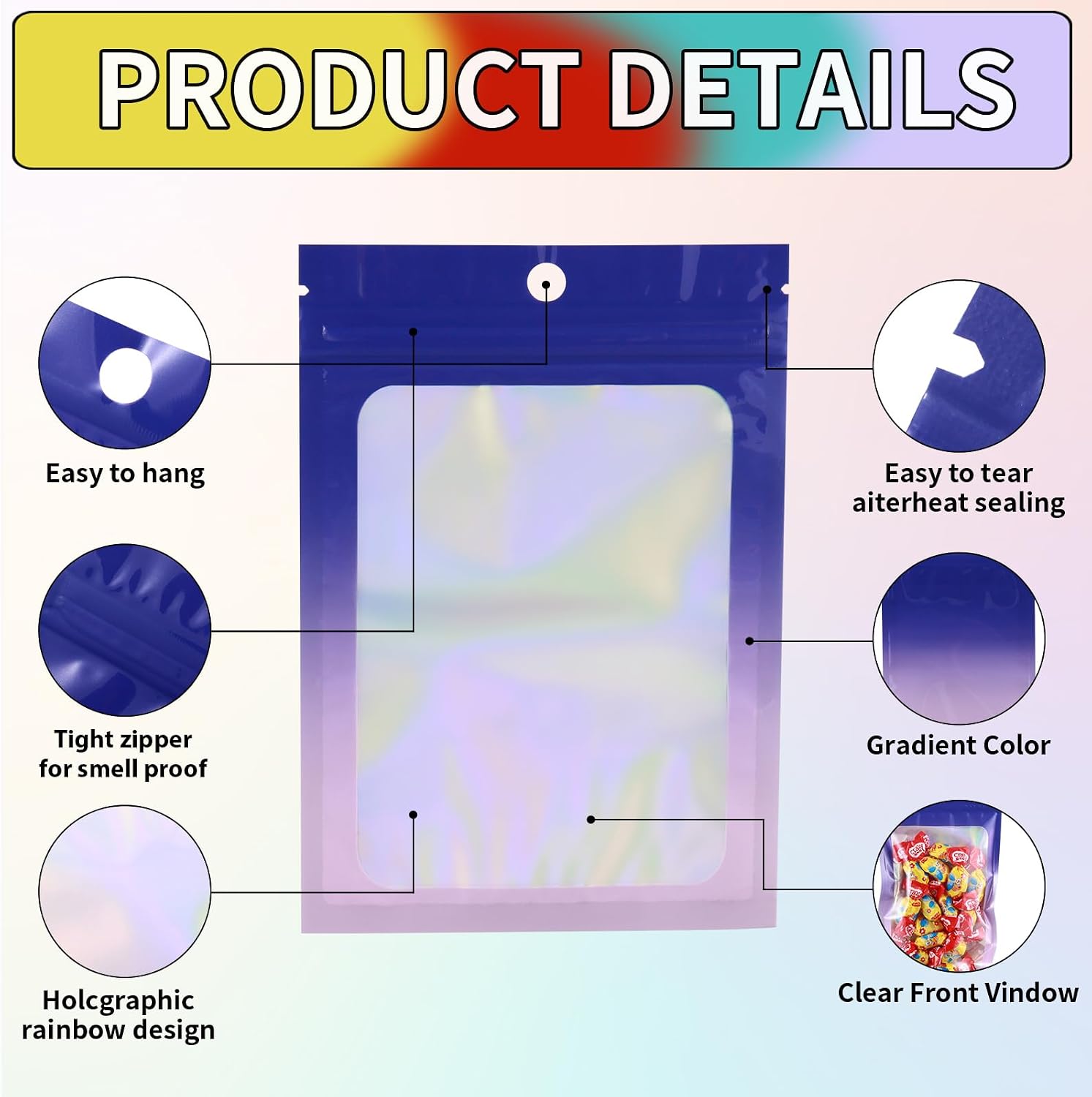 200 Pcs Mylar Bags for Food Storage 5x8 Mylar Bag with Window, Purple Pink Resealable Bags for Small Business Bulk Smell Proof Bag Freeze Dried Candy Sealable Packaging Coffee Bean Zipper Packaging image 3
