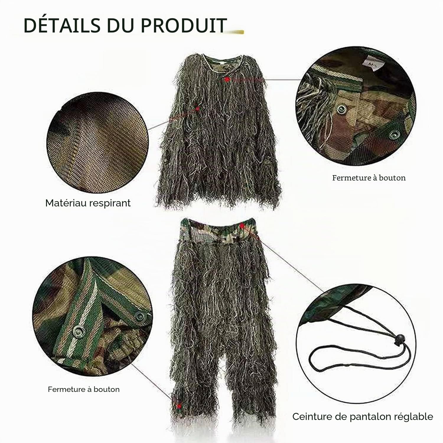 Costume 5 en 1, camouflage 3D, vêtements de chasse en plein air, y compris veste, pantalon, capuche, sac de transport pour adultes, enfants et jeunes
