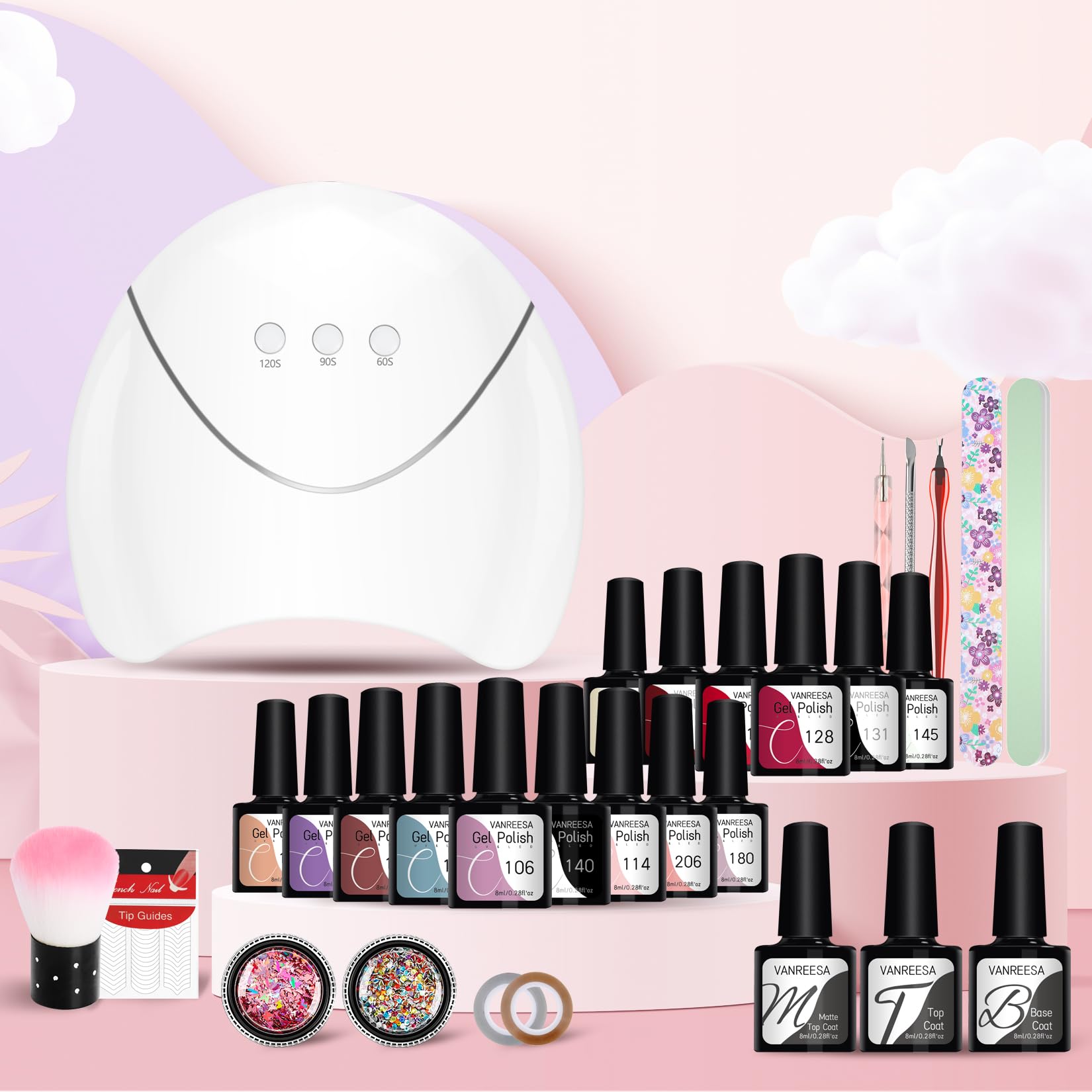 VANREESA 15 Colores Uñas Semipermanentes Kit Completo, Kit Uñas Semipermanentes con Lámpara UV 36W, Set Manicura con Base Top Mate Coat, Regalos para Principiante