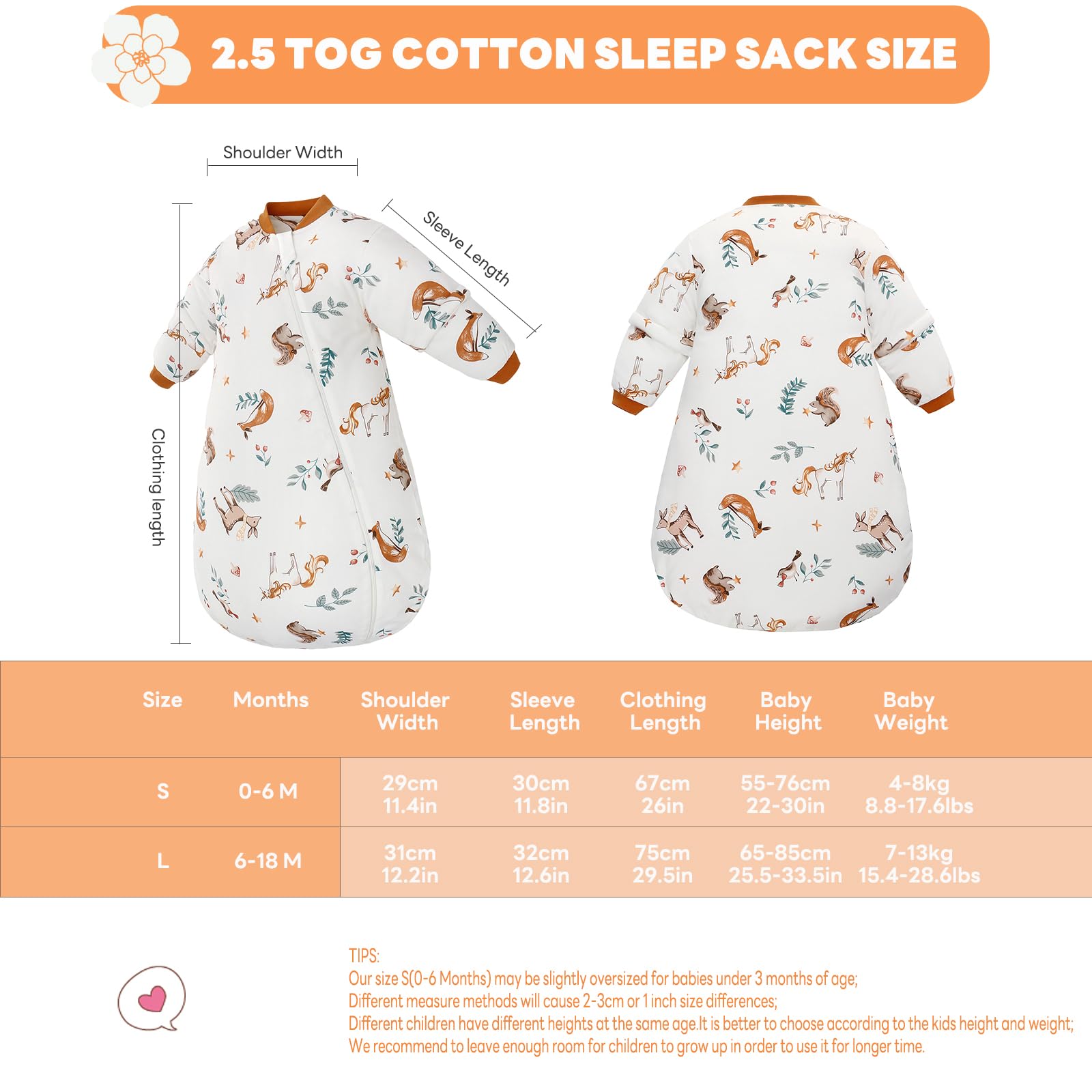 LAT Baby Sleeping Bag 2.5 TOG,Baby Winter Long Sleeve Sleep Sack,100% Cotton Detachable Sleeve,Toddlers Sleeping Bag for Girl Boys(Unicorn+Orange,S) - Image 2