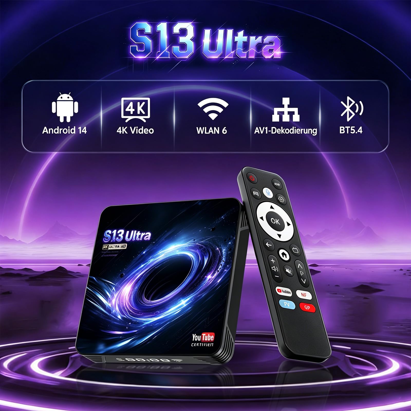 Android TV Box 14.0, YouTube Certified 4K 4GB/32GB RK3539 10/100M Ethernet | TV Box Supports 64GB Micro SD, Wi-Fi 6 BT5.4, USB 3.0, HDMI 2.1, H.265/AV1, Sprachfernbedienung