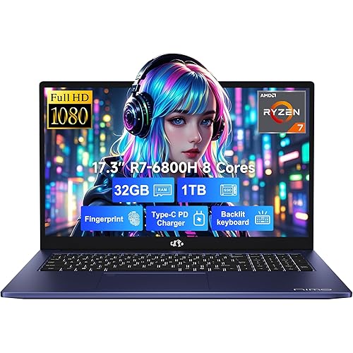 NIMO 17.3" IPS FHD-Gaming-Laptop, 8 Cores AMD Ryzen 7 6800H 32GB DDR5 RAM 1TB SSD (Beat i7-12700H Up to 4.7GHz) AMD Radeon 680M GPU-Computer with 100W Type-C Backlit Keyboard Fingerprint