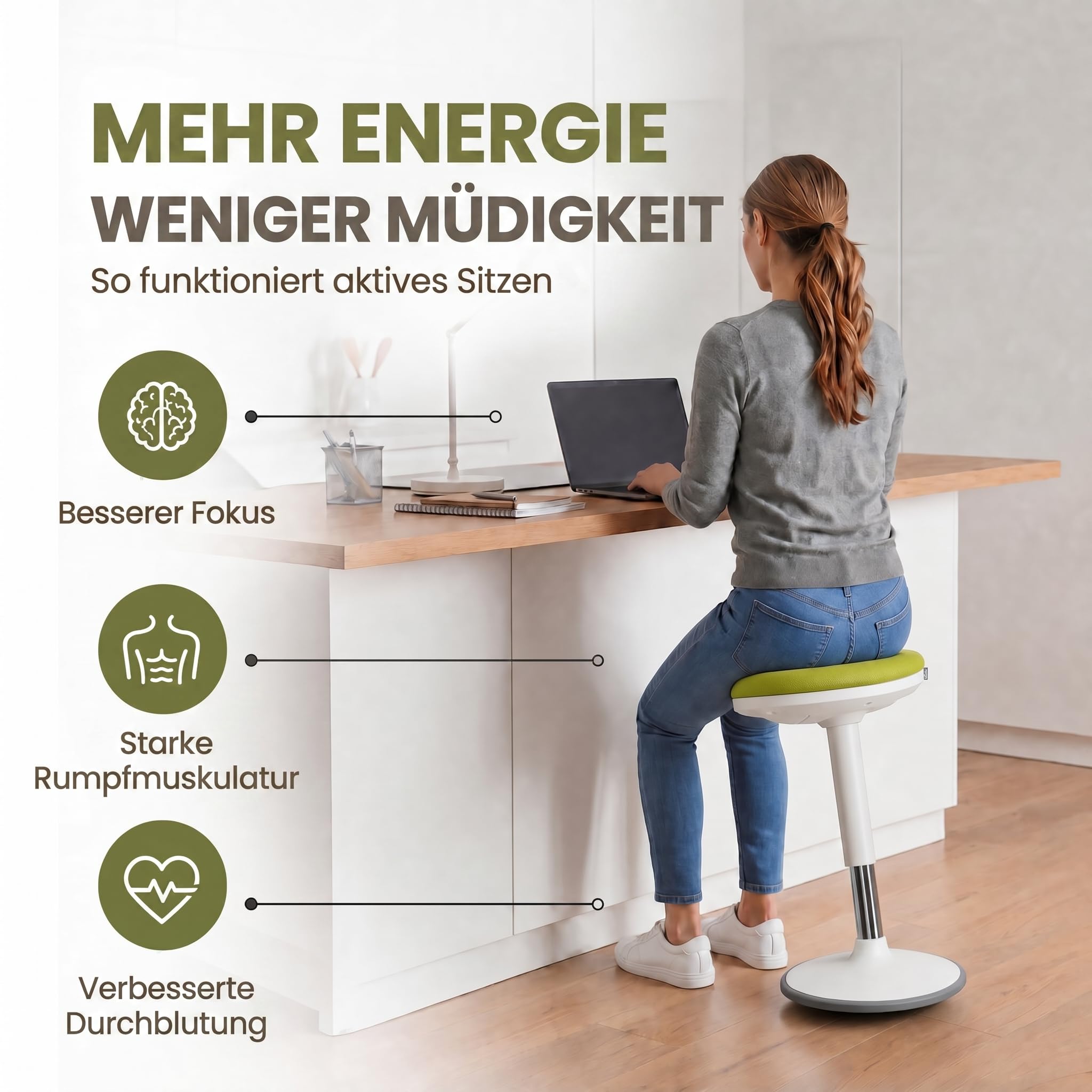 Ergonomischer Stehhocker höhenverstellbar in 3 Größen - Wackelhocker mit Schwingeffekt - Rutschfester Stehstuhl & Büro-Hocker für Schreibtisch & Homeoffice (Grün, S)