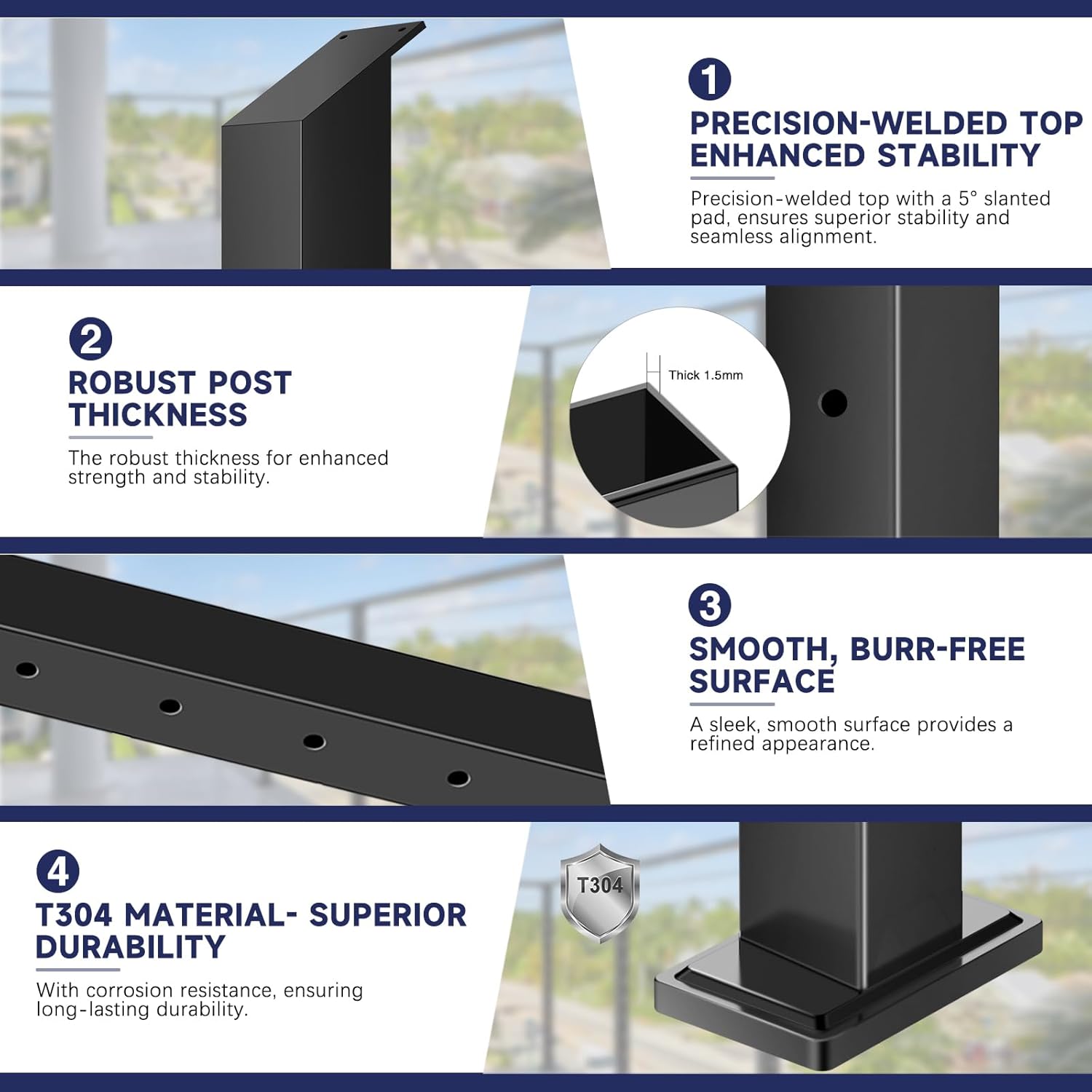 Stair Cable Railing Post 36" Slant Fixed Top 33 Drilled with Cable Grommets, Stainless Steel Black Stair Deck Post with 5-Degree Spacers Fit for 28-38 Degrees Stairway