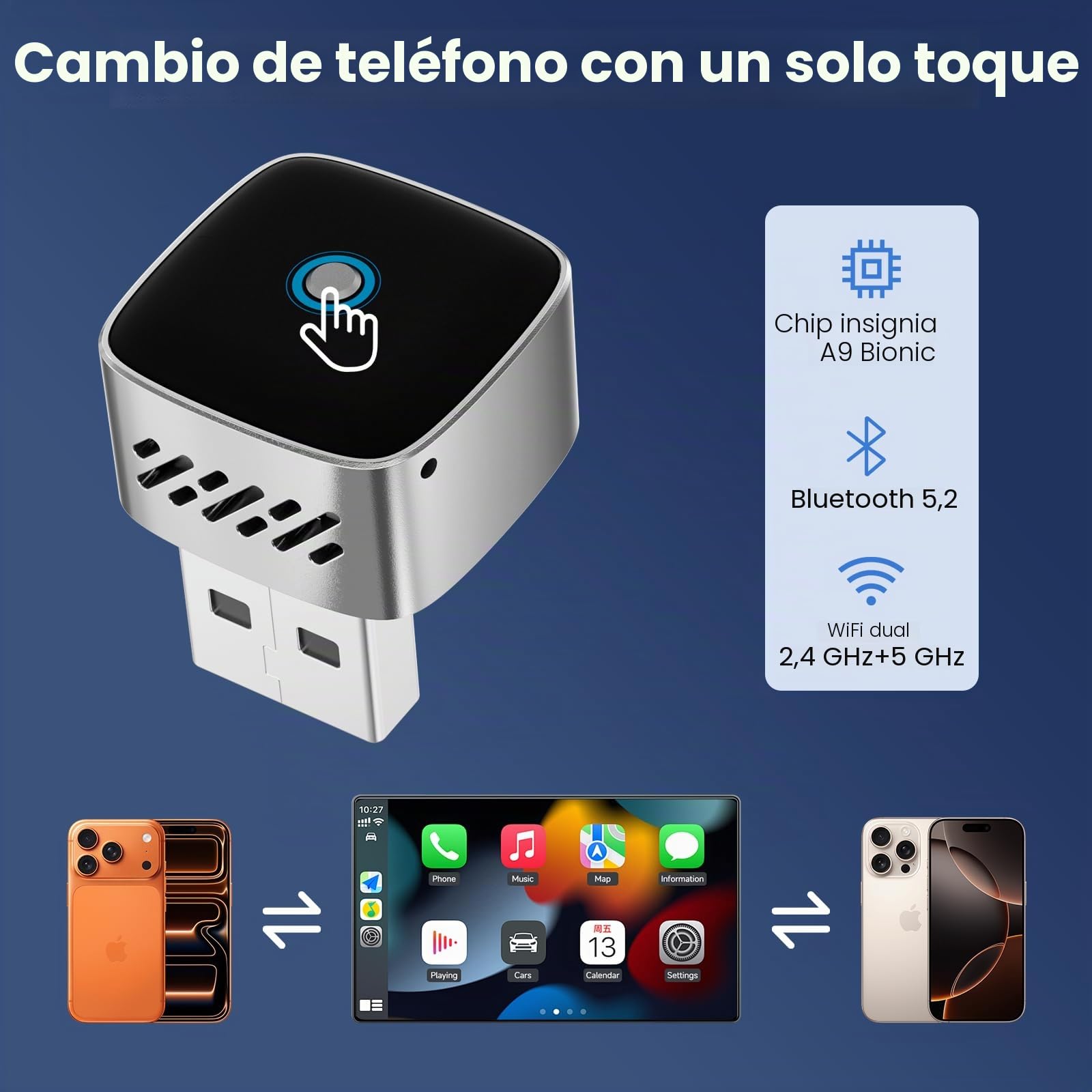 2026 Mini Carplay Wireless Adapter & Dongle Android para iPhone/Android — Convierte CarPlay con Cable en Wireless Car Play Adapter, Compatible con Coches OEM CarPlay Desde 2016+, Auto Connect