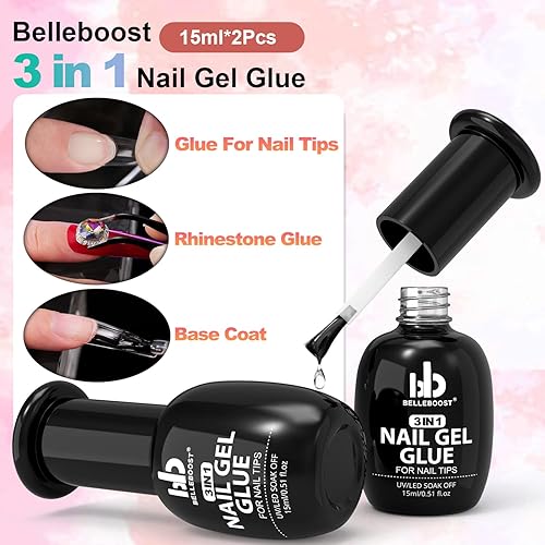 Miniatura 2 de Pegamento de gel de uñas 3 en 1 para uñas acrílicas, 0.5 fl oz x 2 piezas multifuncionales de pegamento de uñas a presión para puntas de uñas