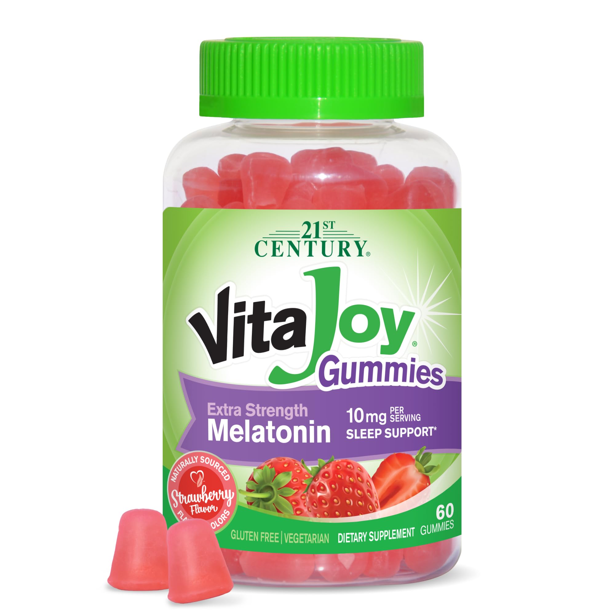 21st Century Healthcare VitaJoy Extra Strength Melatonin 10 mg Gummies, Strawberry, 60 Count, Red, 0.43 pounds, (Pack of 1)