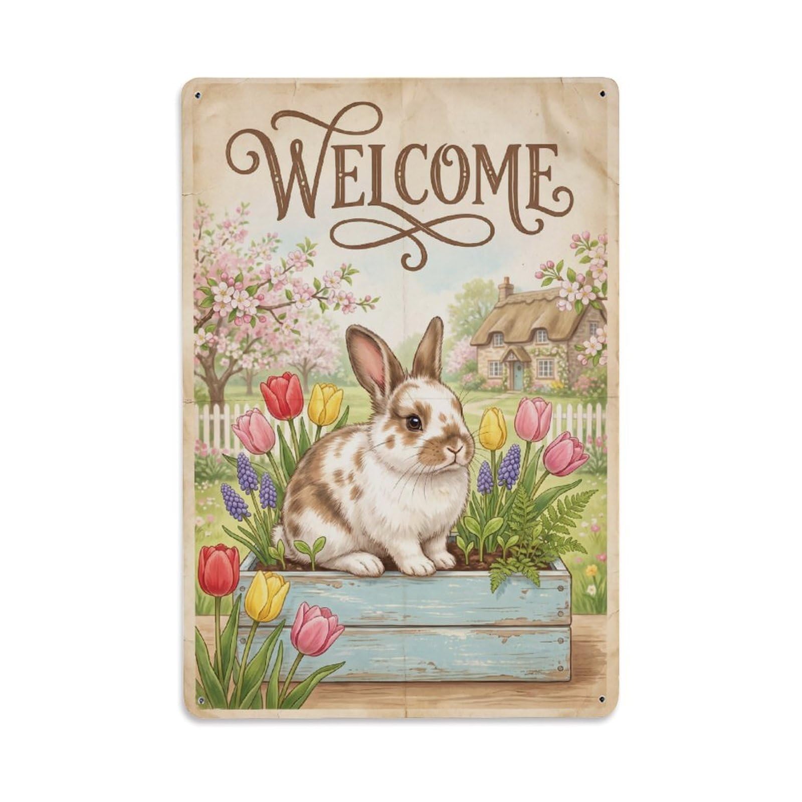 Cxhjca 8X12inch(20X30cm) Vintage Welcome Bunny Blooming Season Metal Tin Sign