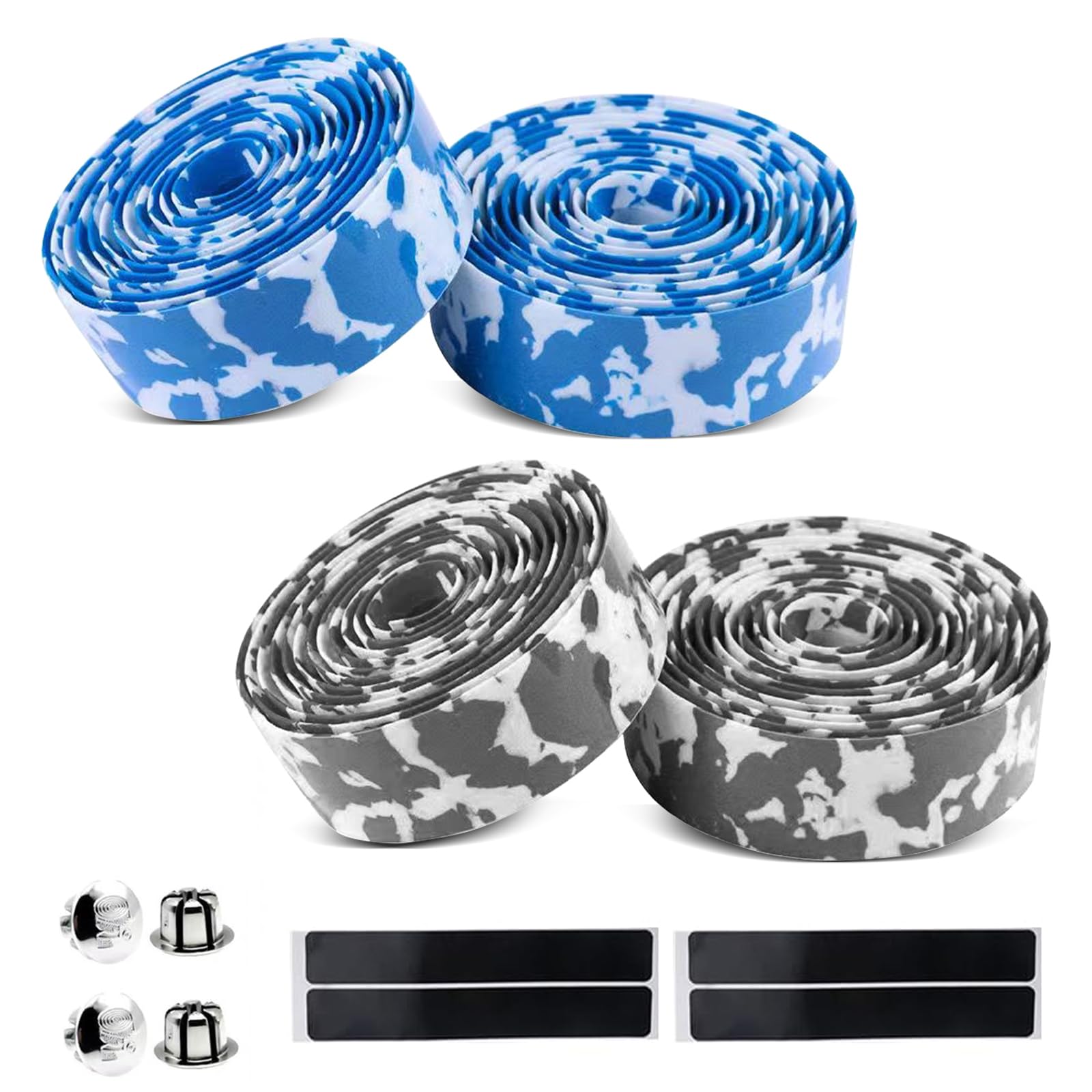 Lunyloer Road Bike Handlebar Tape, 4 Rolls Non Slip Cycling Handle Wraps, Bicycle Bar Tape with Handlebar Plugs for Road and City Bikes (Black, Blue)
