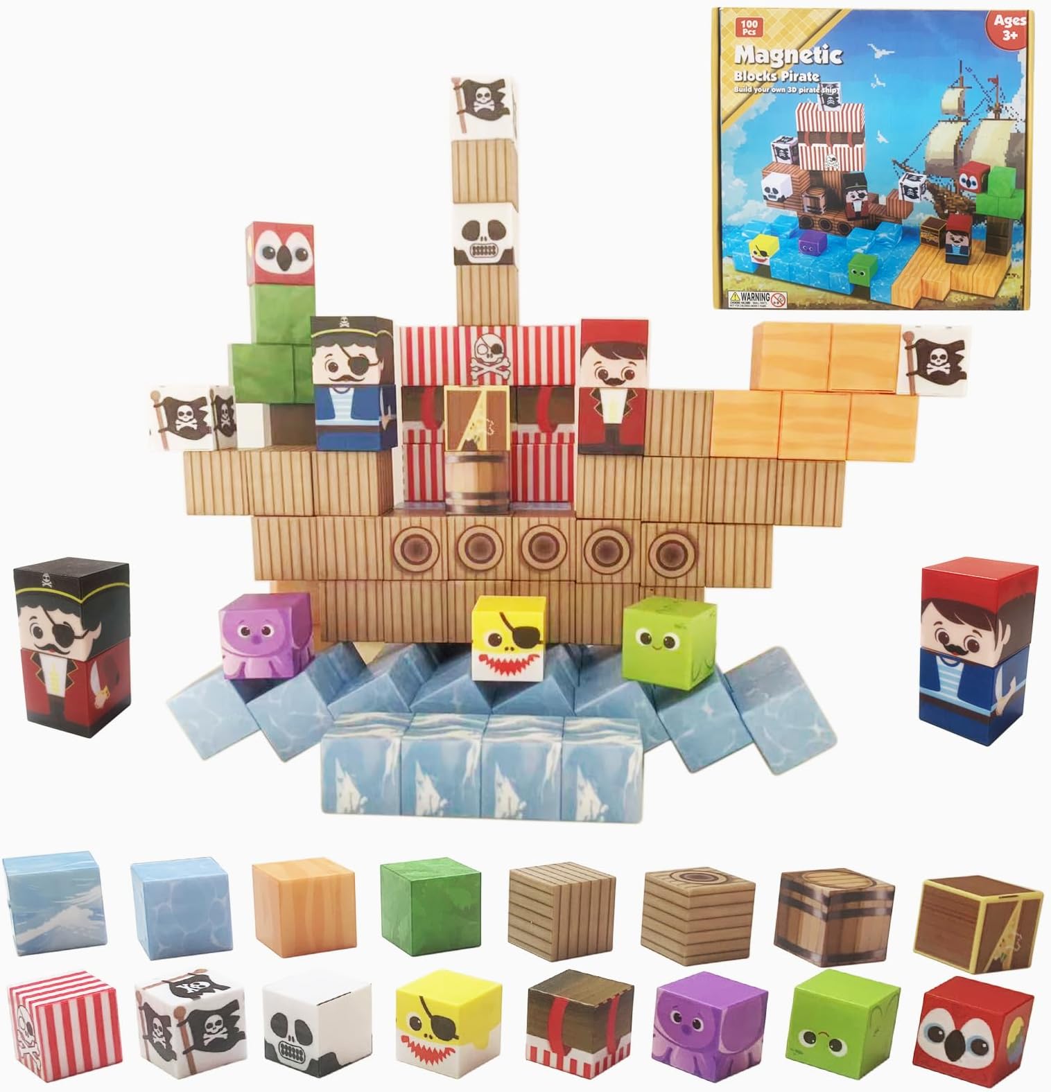 LIHBCAIYI 100Pcs Magnetic Blocks Pirate Ship Cubes Building Toy