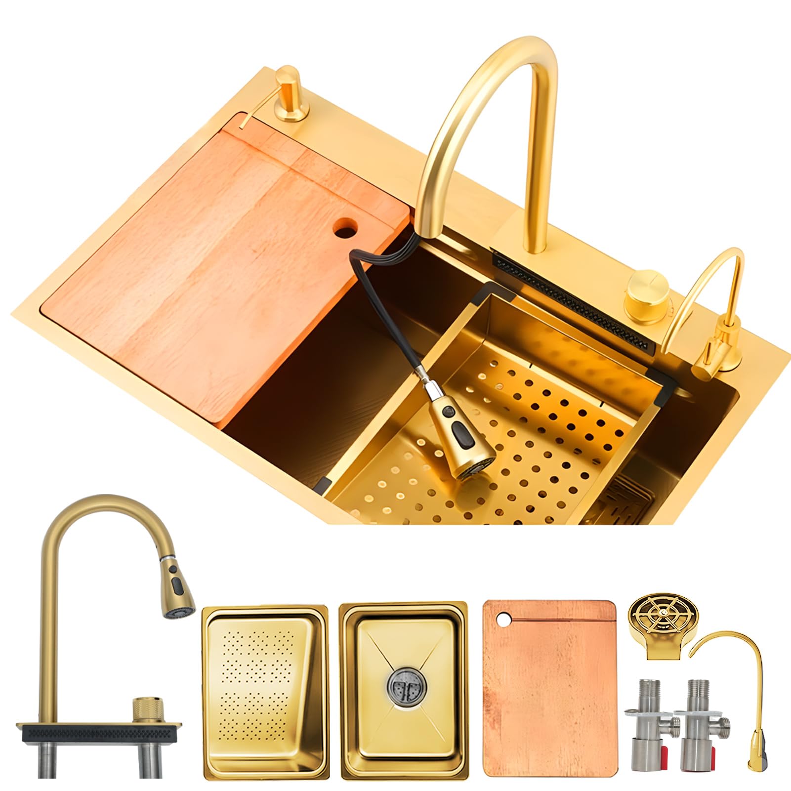 ZQFHSX 80x45cm Gold Stainless Steel Nano Kitchen Sink Multifunctional Bar with Accessories 1 Basin Built-in Design 5 Tap Holes for Versatile Use