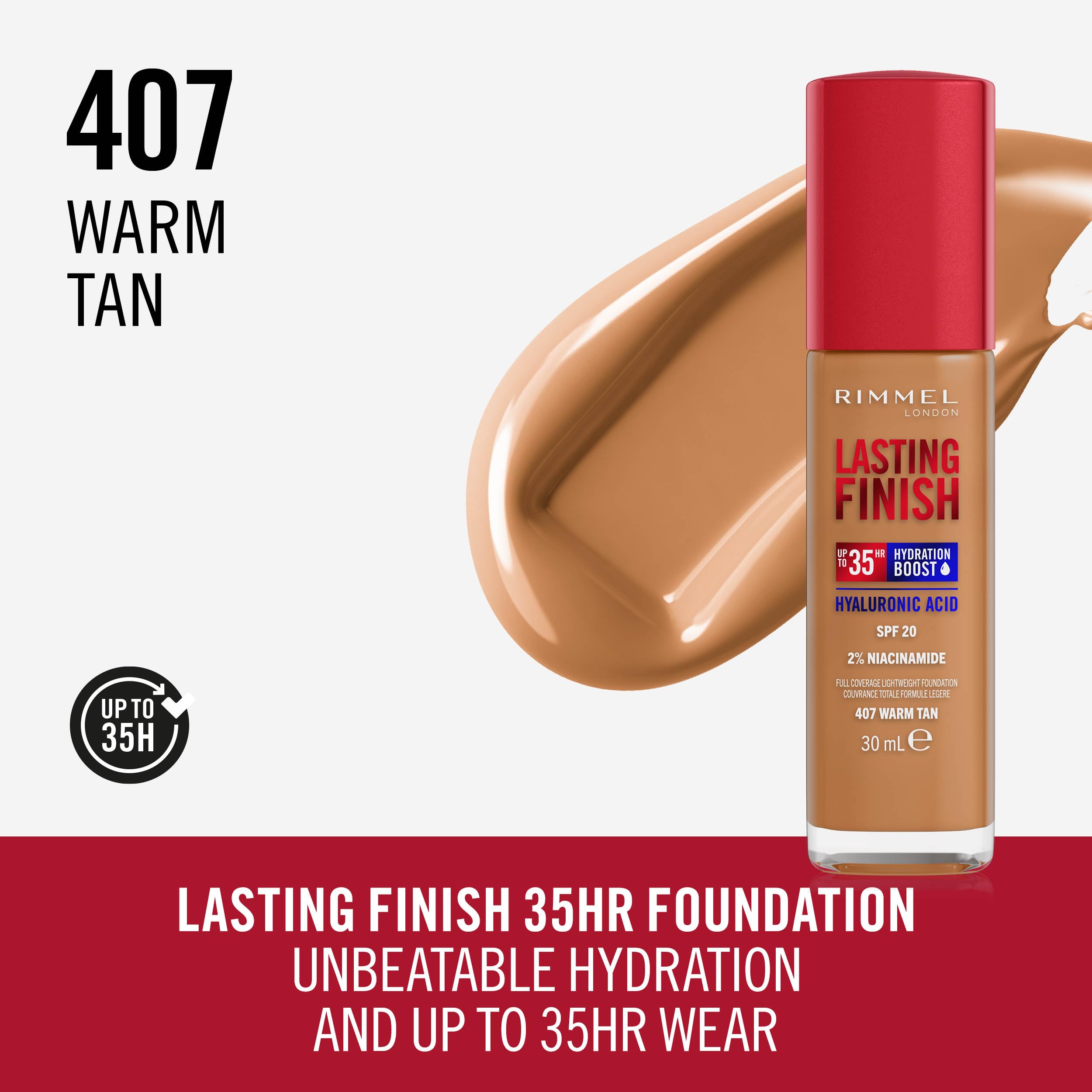 Rimmel Lasting Finish 35Hr Foundation 407 Warm Tan, Full Coverage, Hydrating, SPF20, Hyaluronic Acid, Vitamin E - Image 2