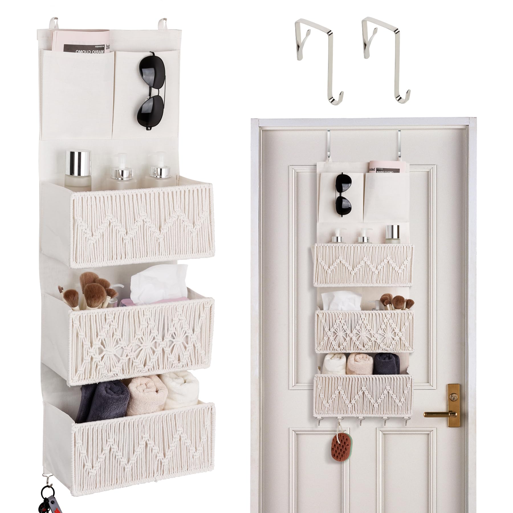 Autumnlife Hanging Organiser with 3 Pockets, Boho Macrame Wall Organiser with Hooks, Cotton Hanging Storage for Bedroom, Bathroom & Kitchen