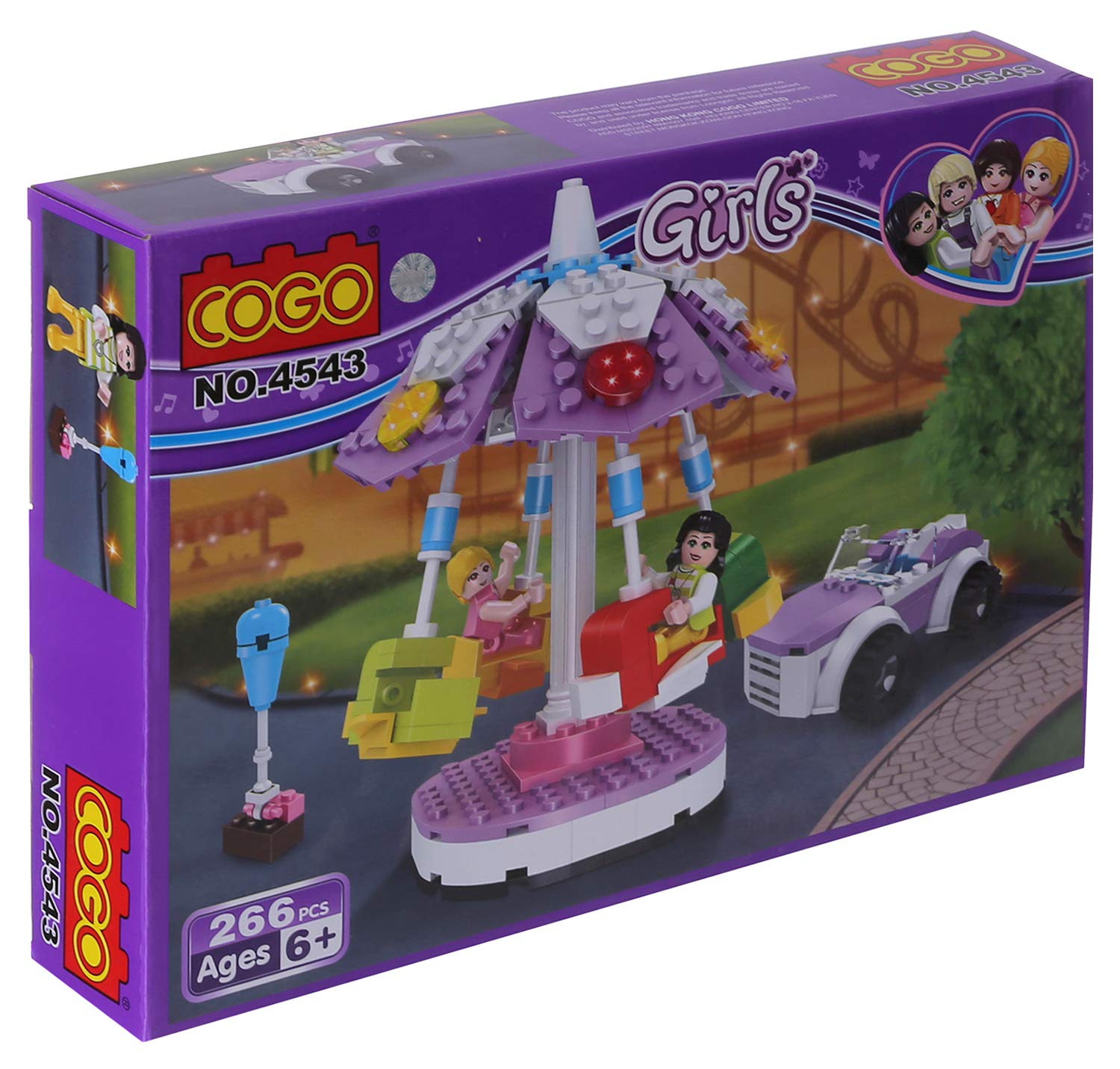 Cogo 4543 Merry Go Round Building Blocks set box showing the assembled merry-go-round, a car, and several mini-figures.
