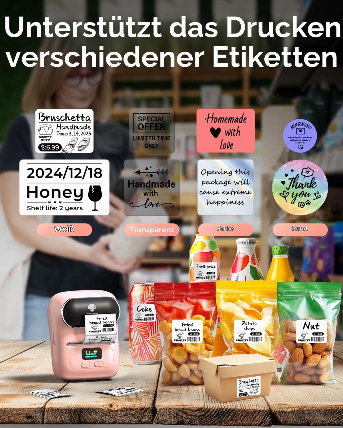 Phomemo M110 Label Maker - Barcode-Drucker Mini Bluetooth Etikettendrucker Thermoetikettendrucker Tragbarer Drucker Geeignet für Kleidung, Supermarkt, Einzelhandel usw., Kompatibel für Android & IOS