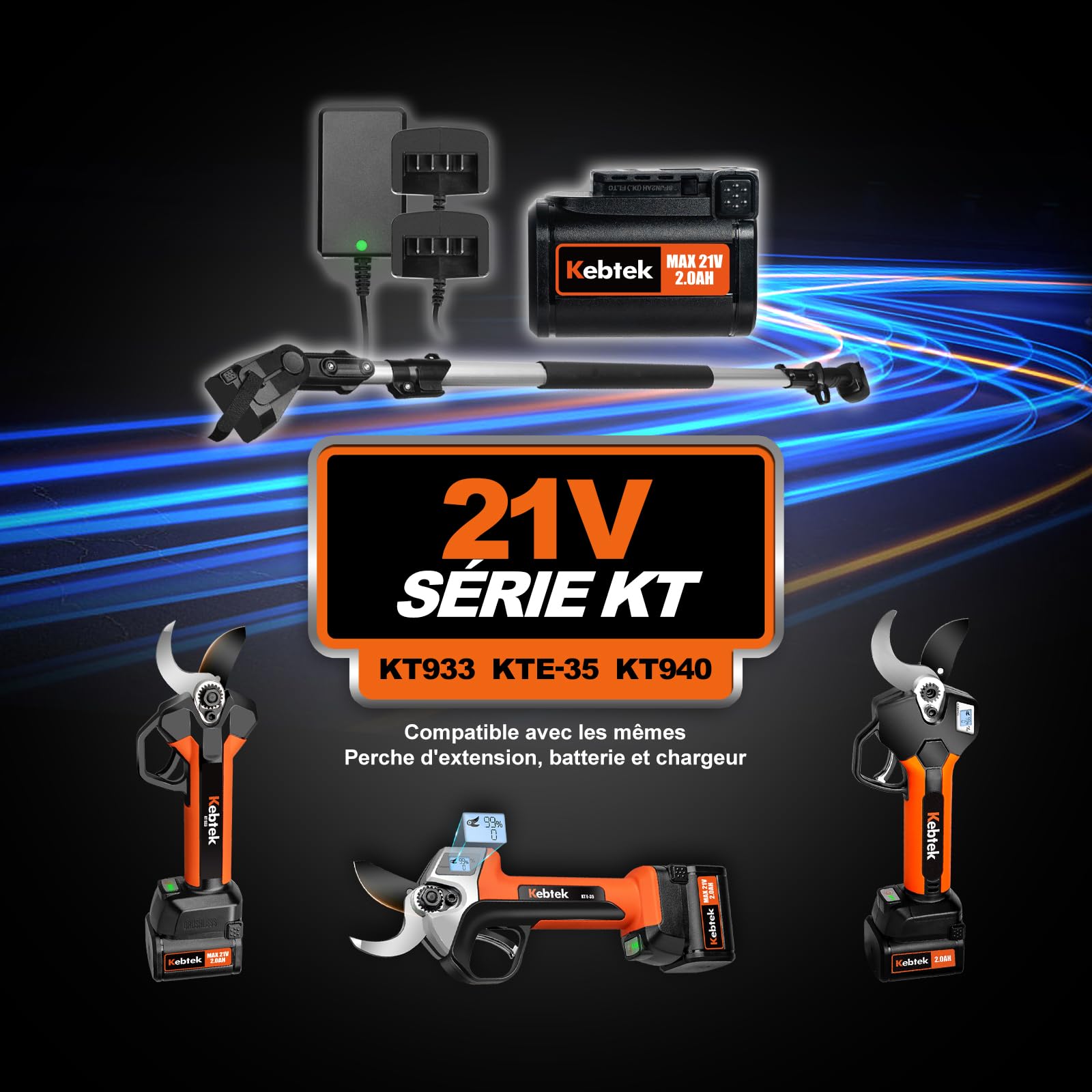 Kebtek Sécateur Électrique 35 mm - Professionnel Brushless Sécateur - 18V 500W - LCD Écran - SK5 Lame - 2 Batteries - Sécateur pour Vigne, le Cerisier, le Pommier (KT-E35)