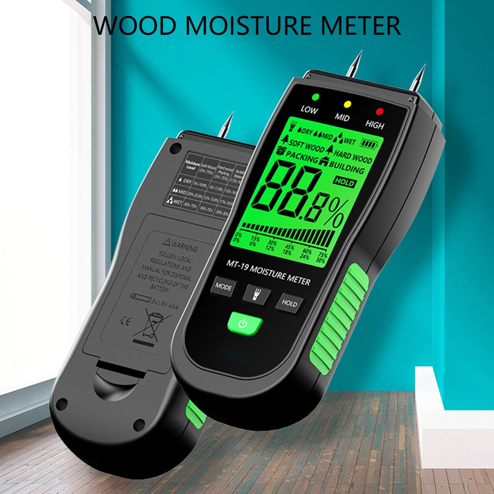 Medidor de lectura de madera de pantalla grande de alta precisión adecuado para uso en interiores y exteriores, trabajadores de la construcción, medidor de pared de ladrillos