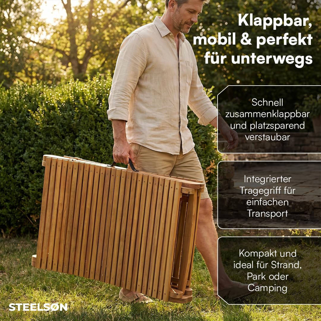 STEELSØN Gartenliege Ophira aus Holz – klappbare Sonnenliege – Holzliege für den Garten wasserfest – Saunaliege mit Verstellbarer Kopfstütze – Akazienholz Natur geölt – bis 200 kg belastbar