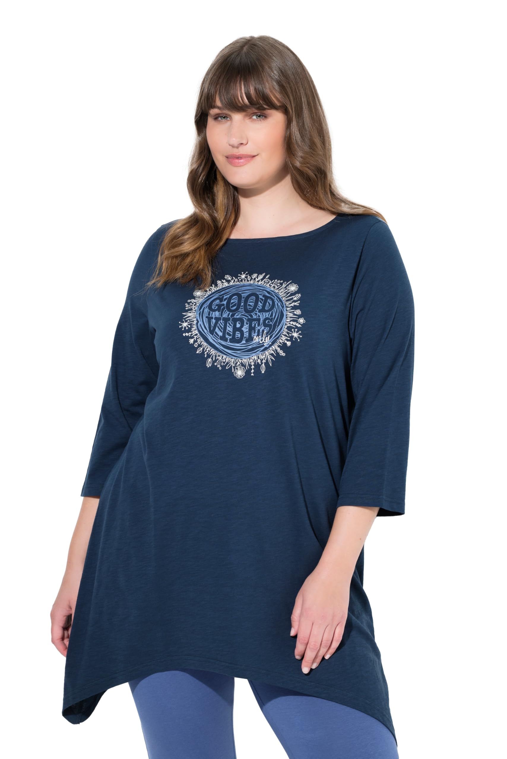 Ulla Popken Damen große Größen Übergrößen Plus Size Shirt, Motivdruck, A-Linie, U-Boot-Ausschnitt, 3/4-Arm 843881