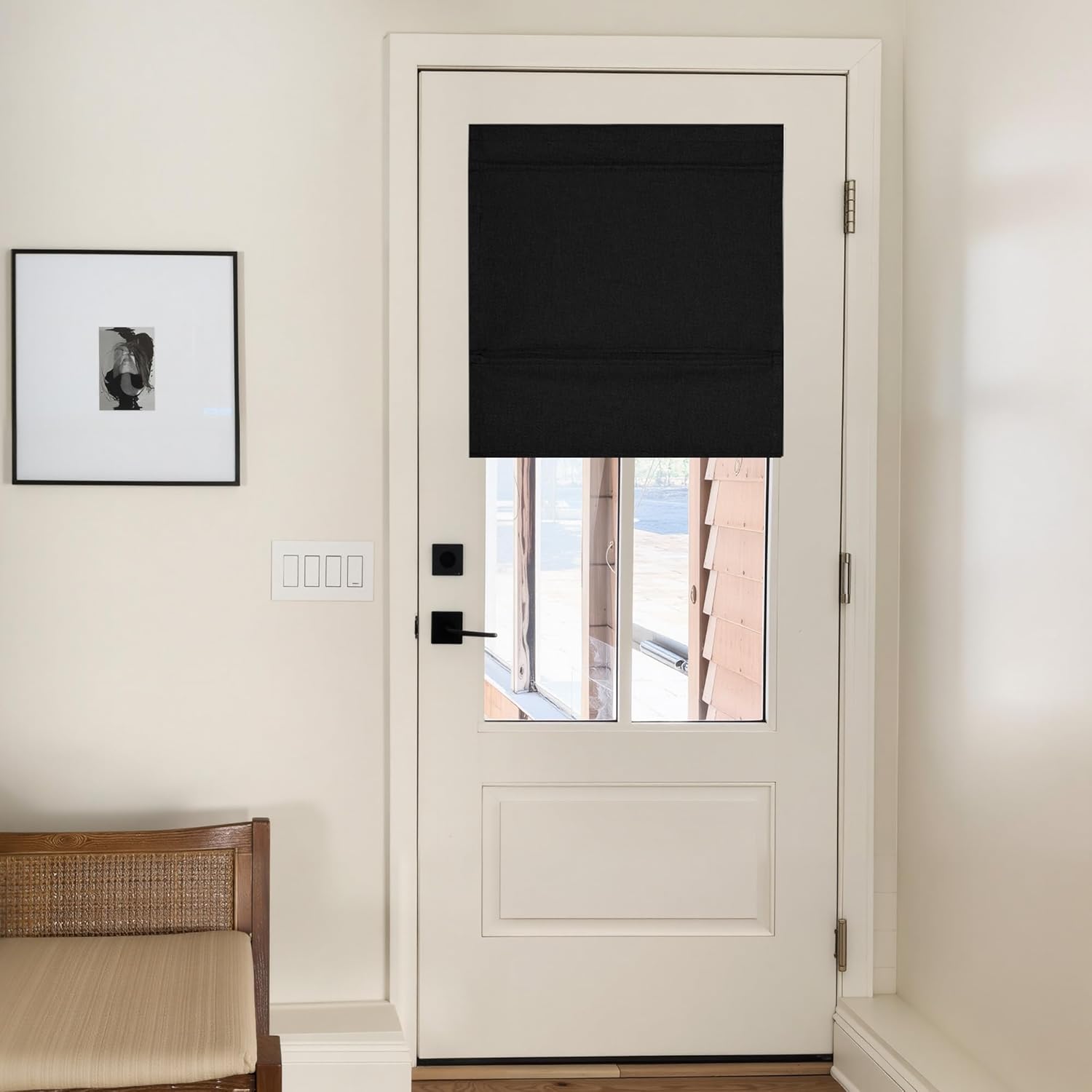 NICETOWN Linen 100% Blackout Roman Shade for Doors, No Drill Cordless Thermal Insulated French Door Curtain, Adhesive Top & Magnetic Lift Privacy Door Window Curtain, 27" W x 72" L, 1 Panel, Black