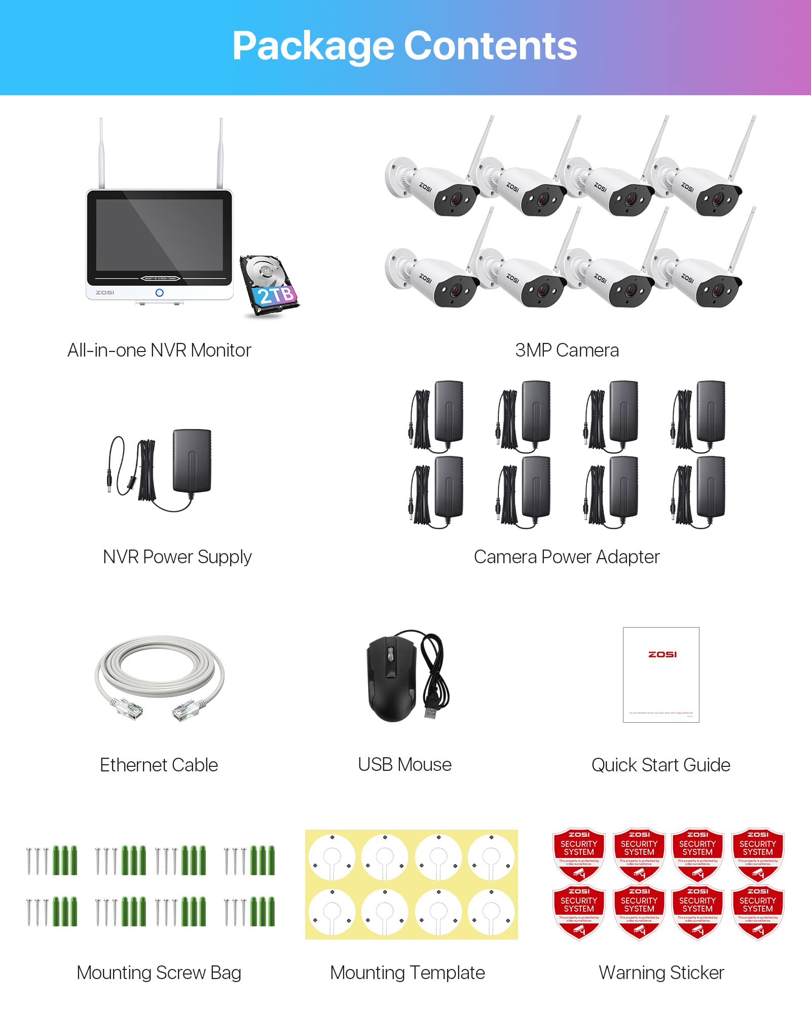 ZOSI 3MP Kit de Cámara de Vigilancia WiFi 2K 8CH H.265+ NVR con Cámara de Seguridad Exterior, Visión Nocturna, Alarma de Movimiento, 8pcs C302 con Monitor