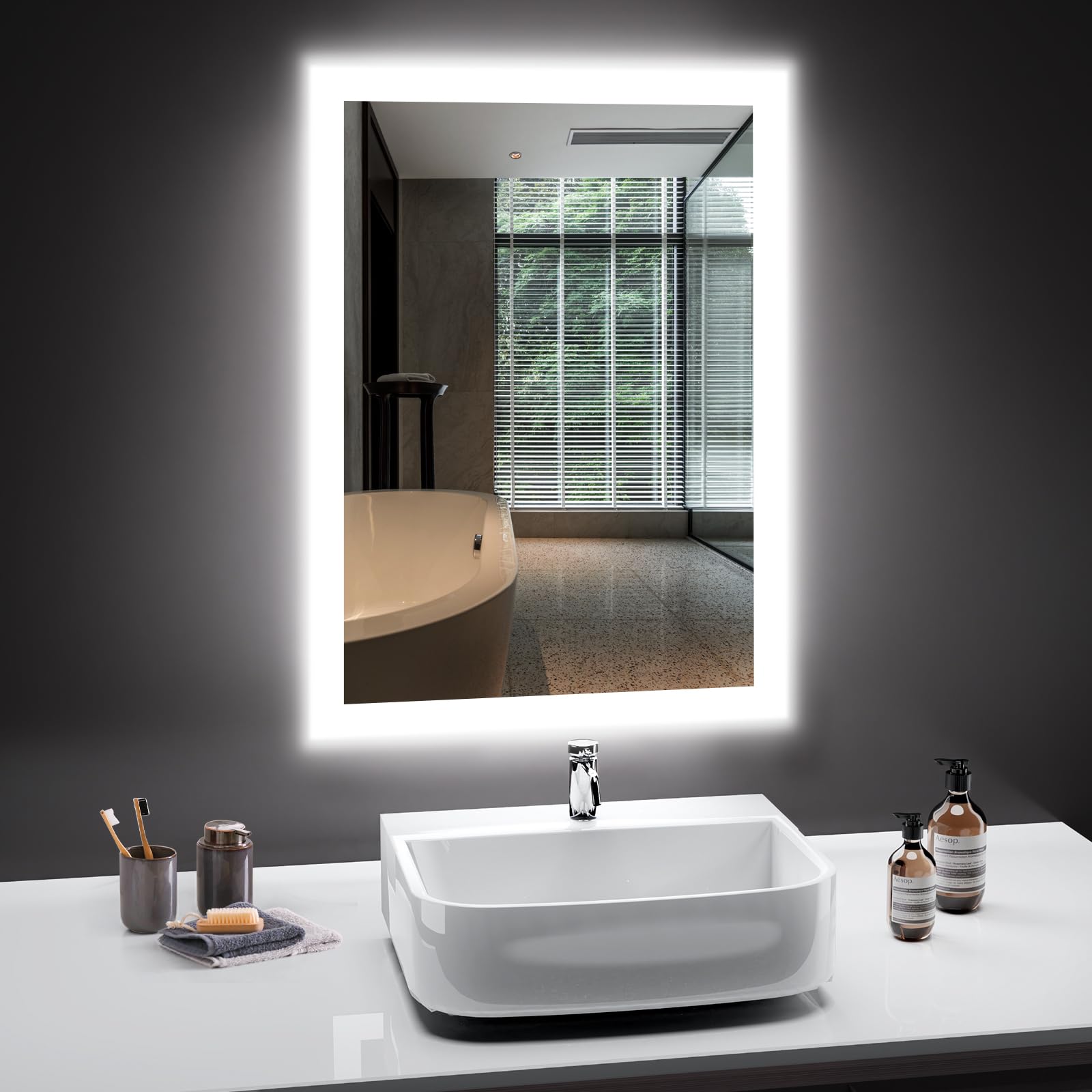 PESENXAN Asymmetrische badkamerspiegel met verlichting, 80 x 53 cm, 3 lichtkleuren, dimbaar, aanraakschakelaar, led-spiegel, badkamer, IP44, energiebesparend, voor badkamer