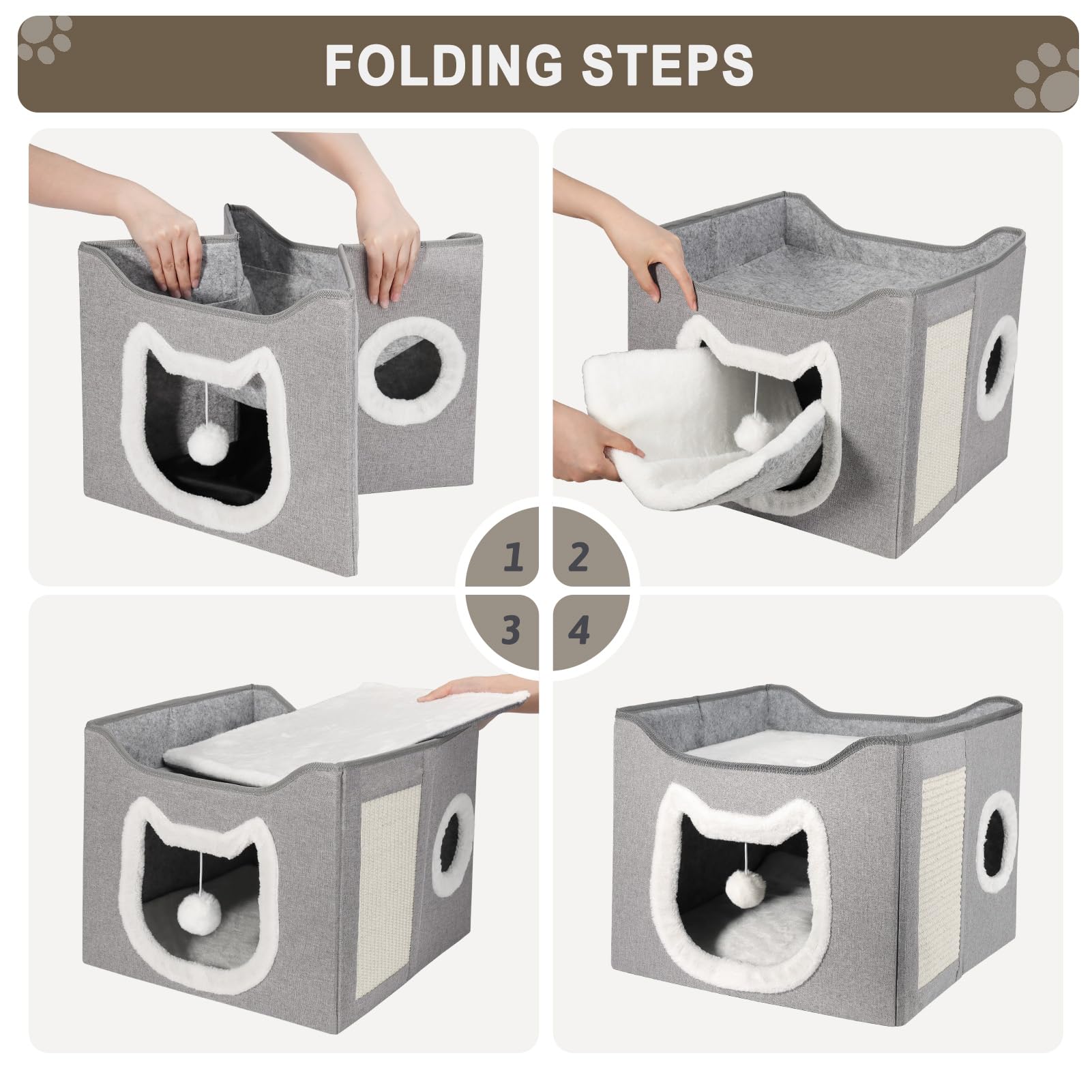 Niche pour chat d'intérieur - Grand lit pliable avec griffoir et grotte - Igloo semi-fermé pour chats et petits chiens - Gris