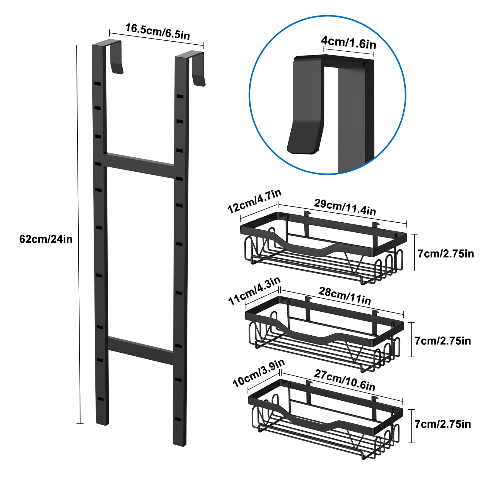 Etagere Douche à Suspendre, Rangement Douche sans Percage aver 3 PCS Réglable Panier à Suspendre pour le Gel et le Shampooing (Noir)