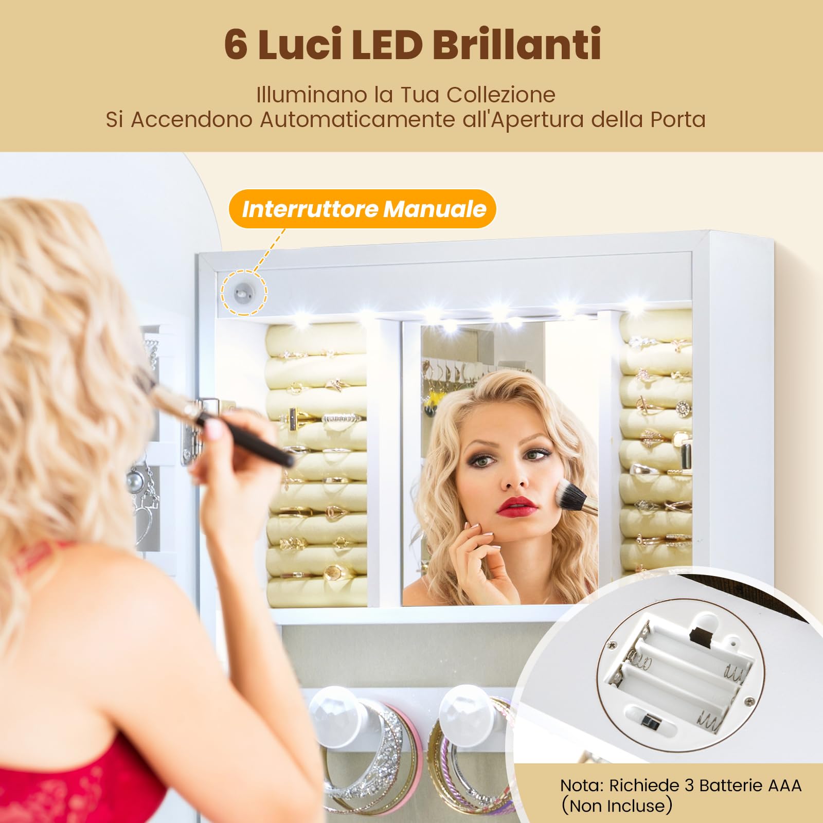 COSTWAY Specchio Portagioie da Parete, con 6 Luci LED | Armadietto per Gioielli a Muro, Ganci e Scomparto, Portagioie Donna Salvaspazio con Serratura per Camera da Letto