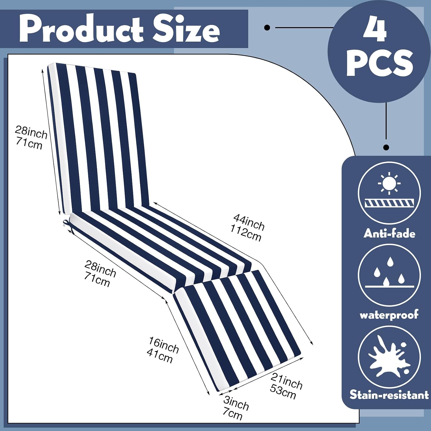 Pinkunn 4 Pcs Chaise Lounge Cushion Outdoor Lounge Chair Cushions 21 x 72 x 3 Inch Bench Seasonal Replacement Cushions for Summer Patio Bench Pool Beach (Navy Blue,White)