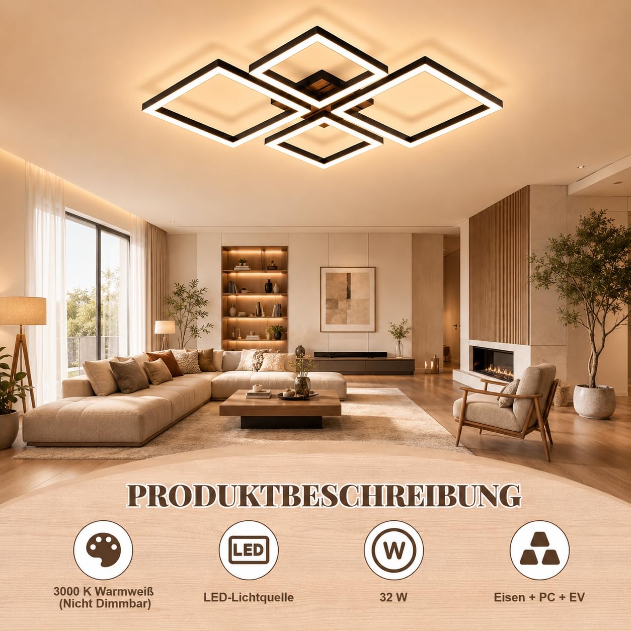 ZMH LED Deckenleuchte Wohnzimmer Deckenlampe 66CM Schwarz Wohnzimmerlampe | Modern Design Schlafzimmer 3000K Warmweiß Schlafzimmerlampe in Holzoptik Deckenbeleuchtung für Küche Esszimmer Arbeitszimmer