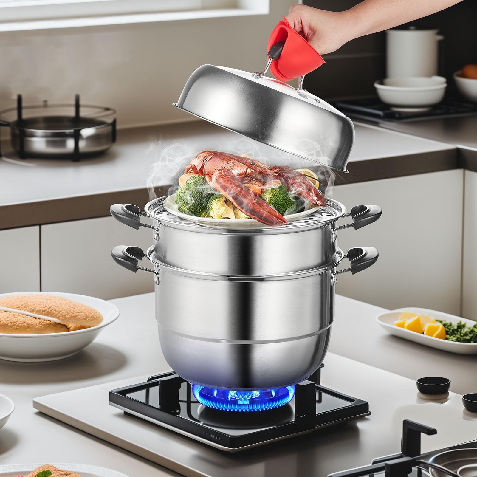 THEGA 3-stufiger Dampfgartopf - Dampfgartopf, Zum Kochen Mit 8,5 QT Suppentopf, Gemüsedampfgarer Und 2 Dampfschalen, Lebensmittel-Dampfgarer Aus Lebensmittelechtem Edelstahl 304 Für Gas- Und
