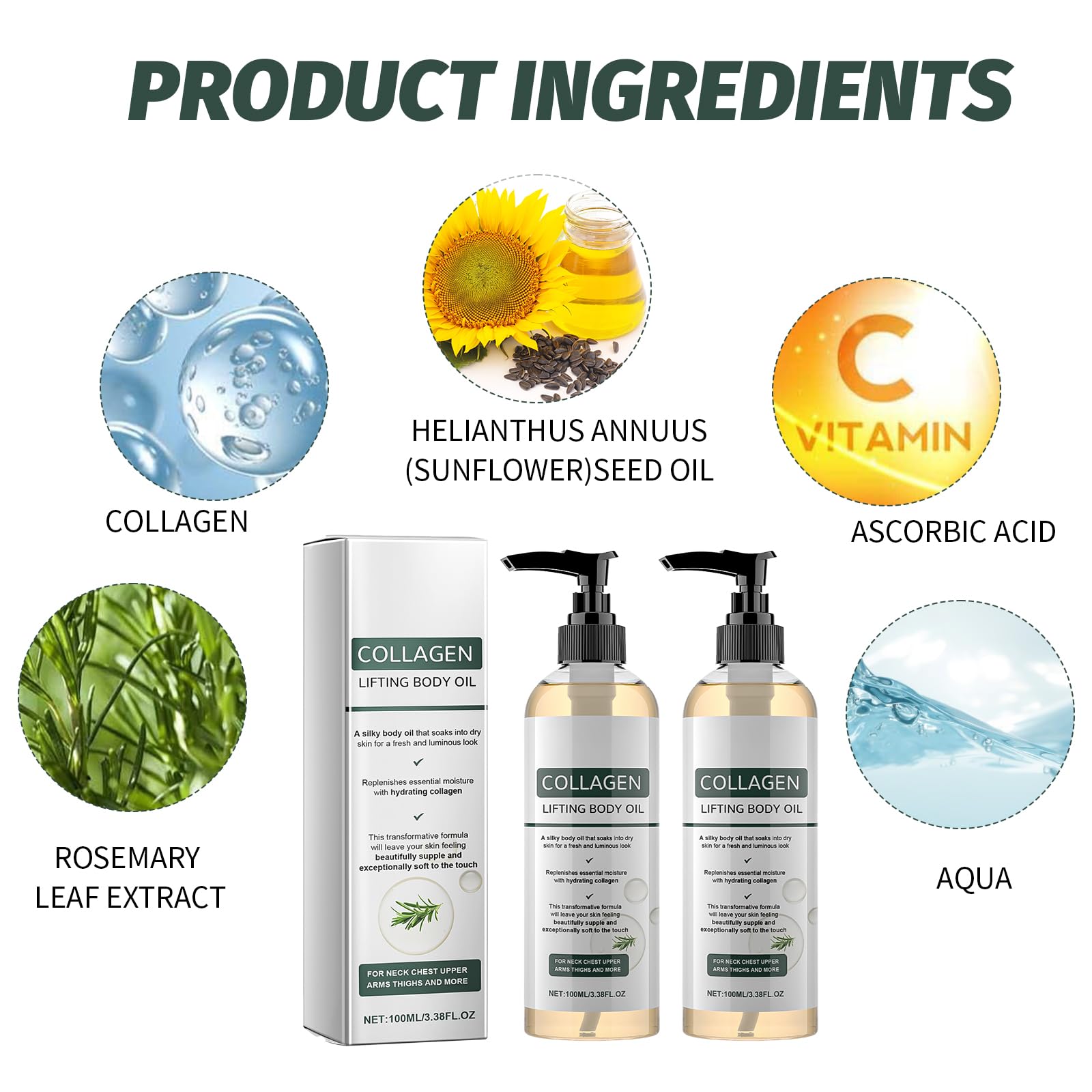 2 Bottles 100ml Collagen Magic Body Oil Firming, Glow Essence Lifting Body Oil, Skin Tightening for Scars Wrinkles and Stretch Marks - Image 3