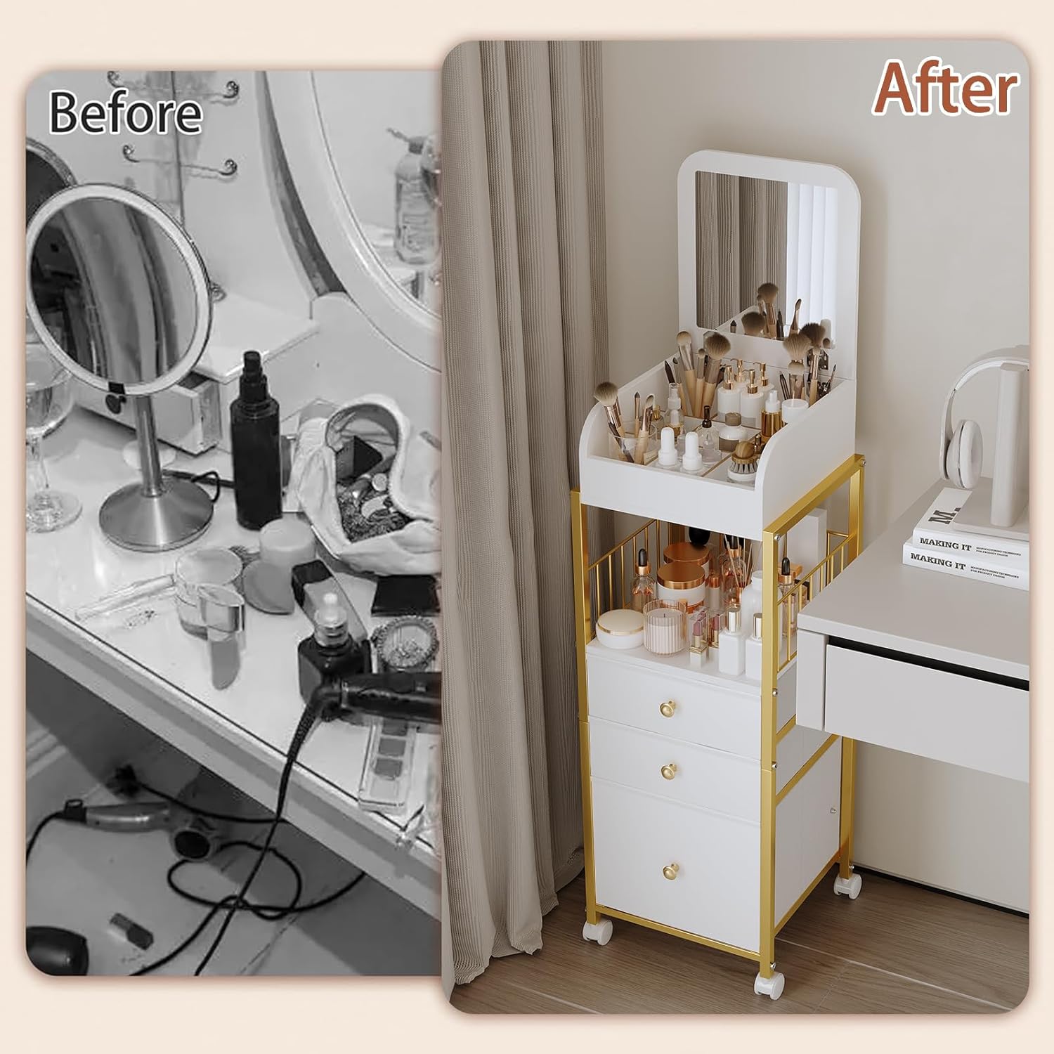 Makeup Cart Organizer with Mirror, Large Floor Skincare Organizers Make Up Organizers-Vanity Storage Organizer Cosmetic Display Cases Holder for Skin Care Perfume Nail Polish Brush Hair Tool (Gold)