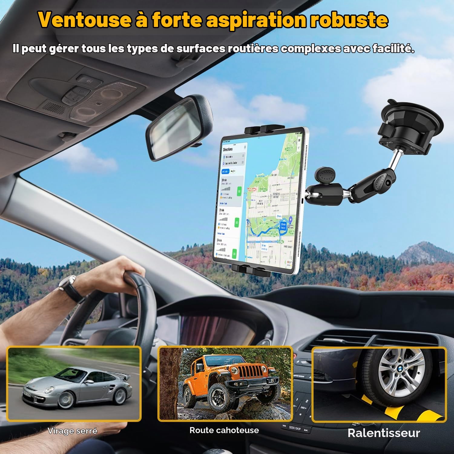Support Tablette Voiture Ventouse Forte [Bras Réglable & Robuste] | Support Tablette Tableau de Bord Pare-Brise Camion pour iPad, Galaxy Tab, Lenovo, Téléphones et Tablets de 4-13"