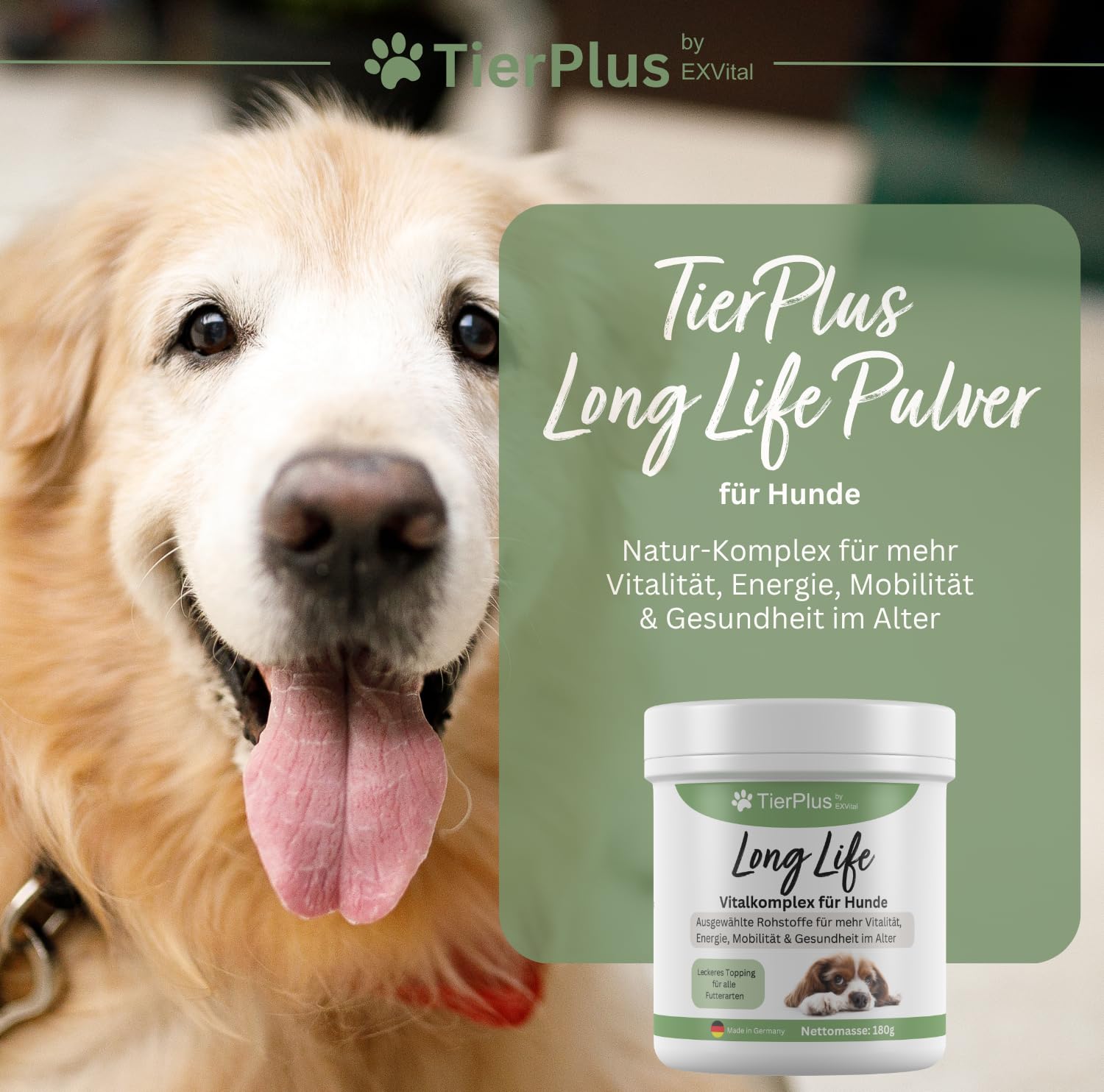 Long Life Vitalkomplex für Hunde -Gesundheit & Vitalität für Senior Hunde, mit Omega 3 Fettsäuren, Curcuma, Mariendistel, Propolis u.v.m, 180g pro Dose, leckeres Futtertopping