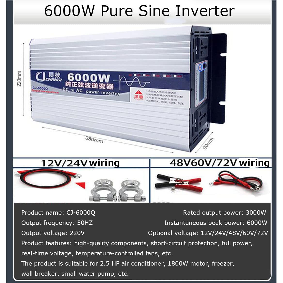 Falownik sinusoidalny 6000W/8000W/10000W/12000W przetwornica napięcia 12V 24V 48V 60V 72V 230V z 2 gniazdami EU i kolorowym wyświetlaczem,6000W-24Vto220V