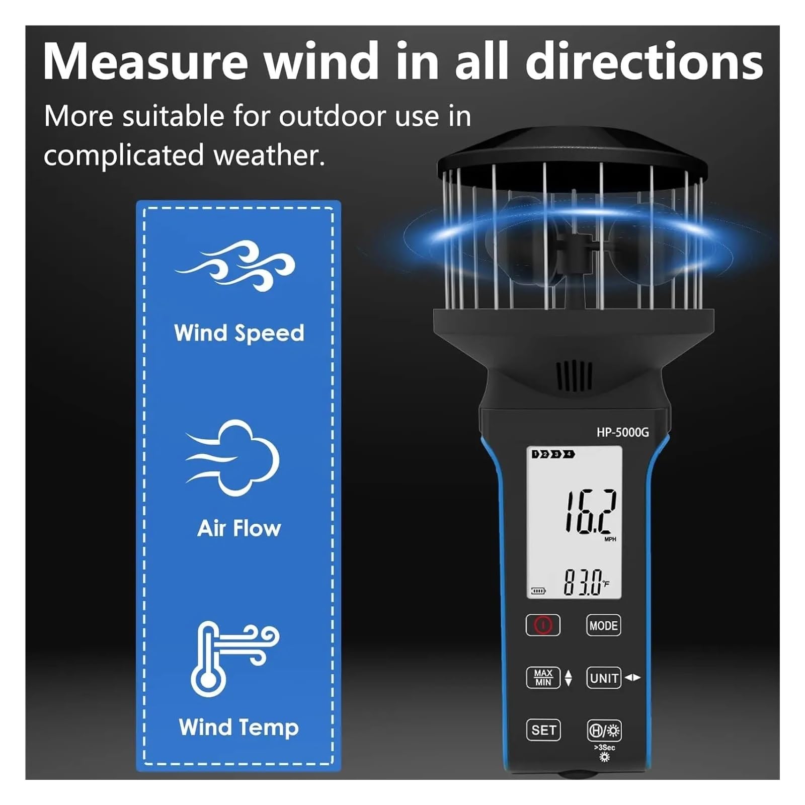 Anemómetro Azul Velocidad del Viento Volumen Aire Medición de Temperatura Luz Fondo multifunción,BT-5000G(Orange)