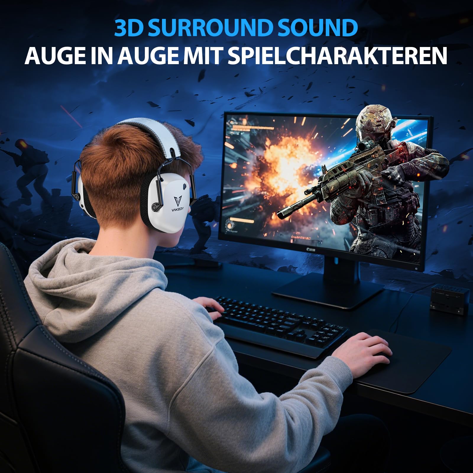 Vakedy Gaming Headset Wireless, 2,4 GHz USB & Bluetooth Gaming Kopfhörer mit Mikrofon, 50 mm Treiber, geringe Latenz, 50 Std Akku, Kopfhörer Kabellos für PS5, PS4, PC, Mac, Switch (Weiß/Schwarz)