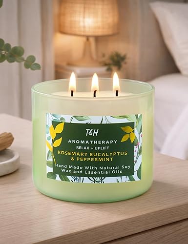 Miniatura 9 de Vela de soja de 3 mechas de eucalipto y romero, 15.8 onzas, vela grande de eucalipto para aliviar el estrés para el hogar, velas de relajación de