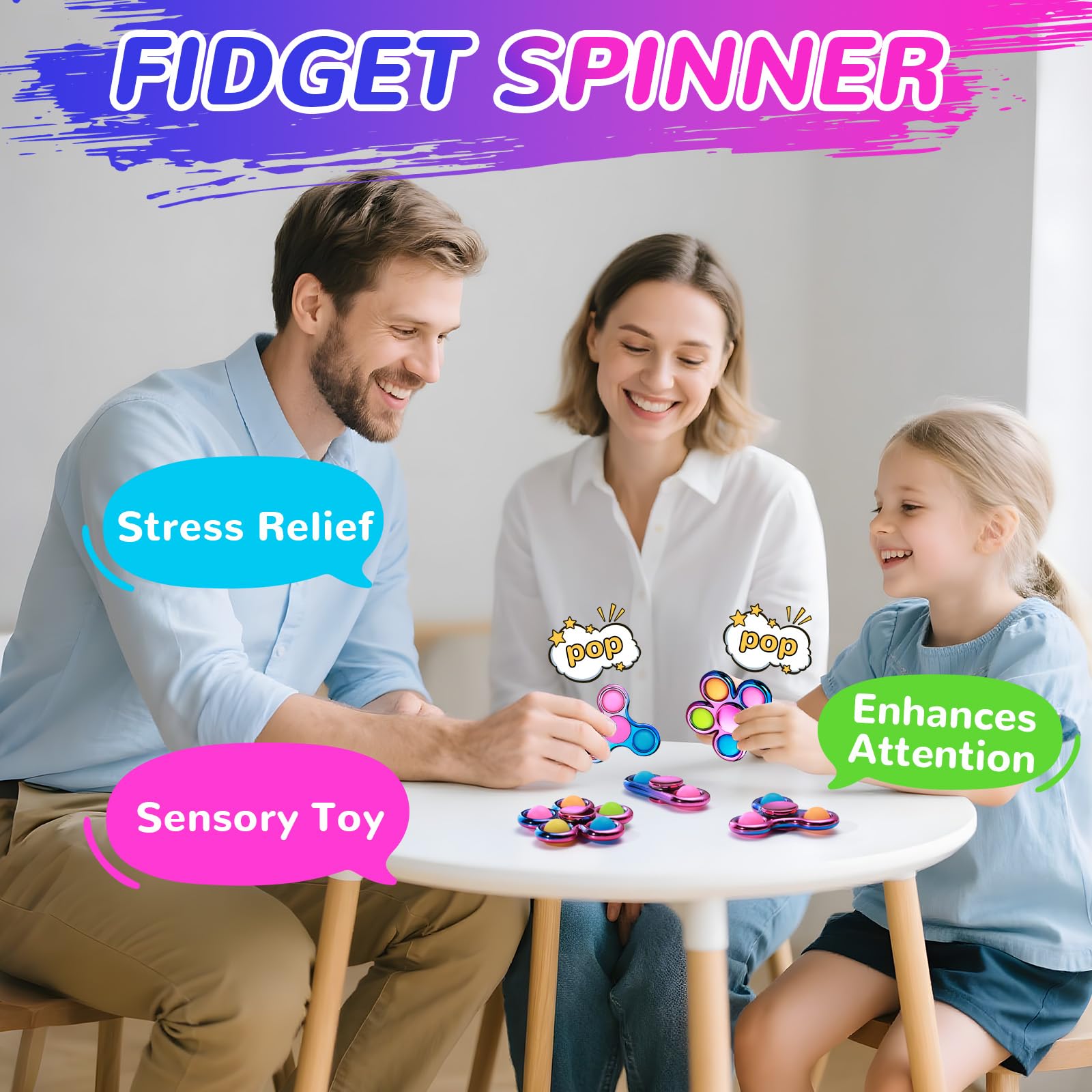 SCIONE Zestaw 3 Fidget Spinner Pop, Sensoryczna zabawka do ściskania bąbelków, pomaga w ADHD, lękach i stresie