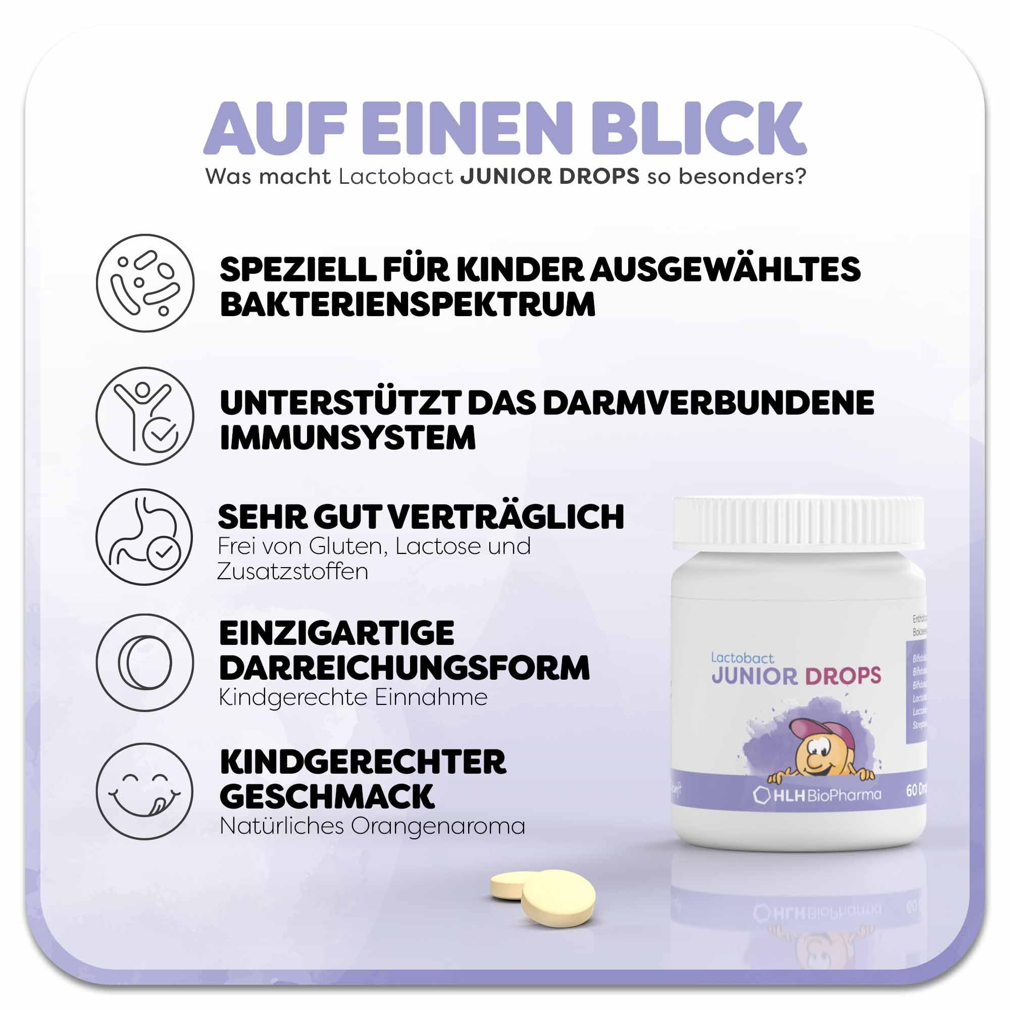 Lactobact JUNIOR DROPS, 2 x 60 Stk. Sparset – Bakterienkultur-Komplex mit 7 altersgerecht abgestimmten, biologisch aktiven Bakterienstämmen + Vitamin C & D3 und Xylit. Ab 3 Jahren
