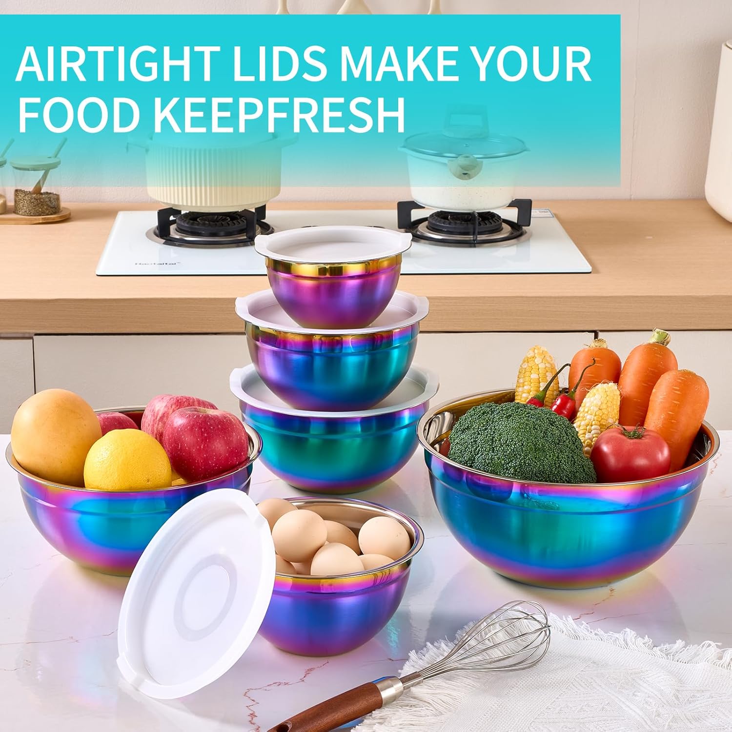 6 Piece Rainbow Mixing Bowls with Lids for Kitchen, Stainless Steel Mixing Bowls Set Ideal for Baking, Prepping, Cooking and Serving Food, Nesting Metal Mixing Bowls for Space Saving Storage