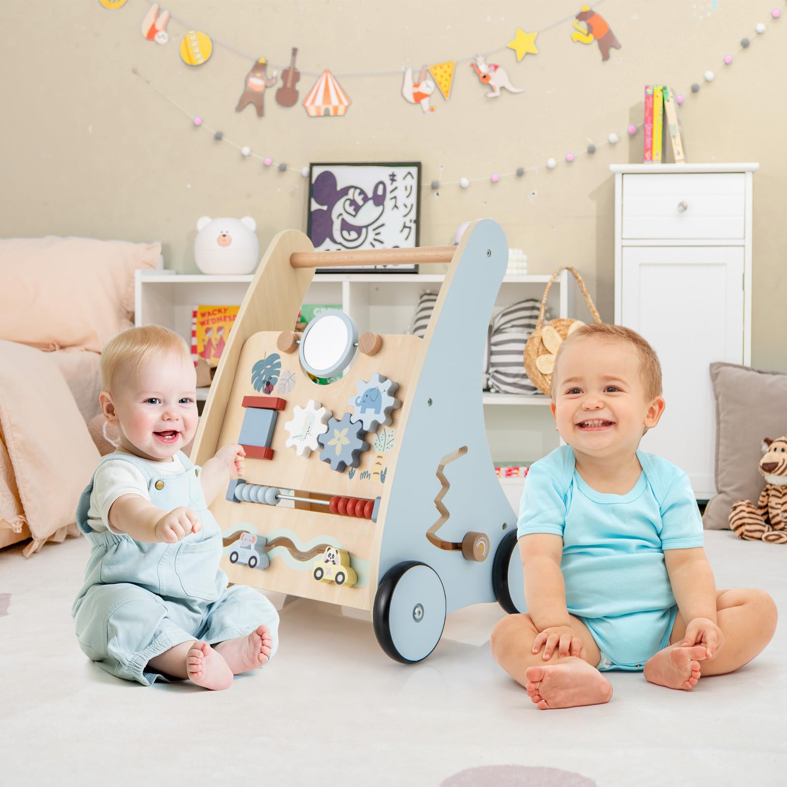 COSTWAY Andador Bebés de Madera, Andador de Aprendizaje para Empujar de Actividades Múltiples, Juguetes de Actividad con Almacenamiento, Juguete para Caminar para Niños