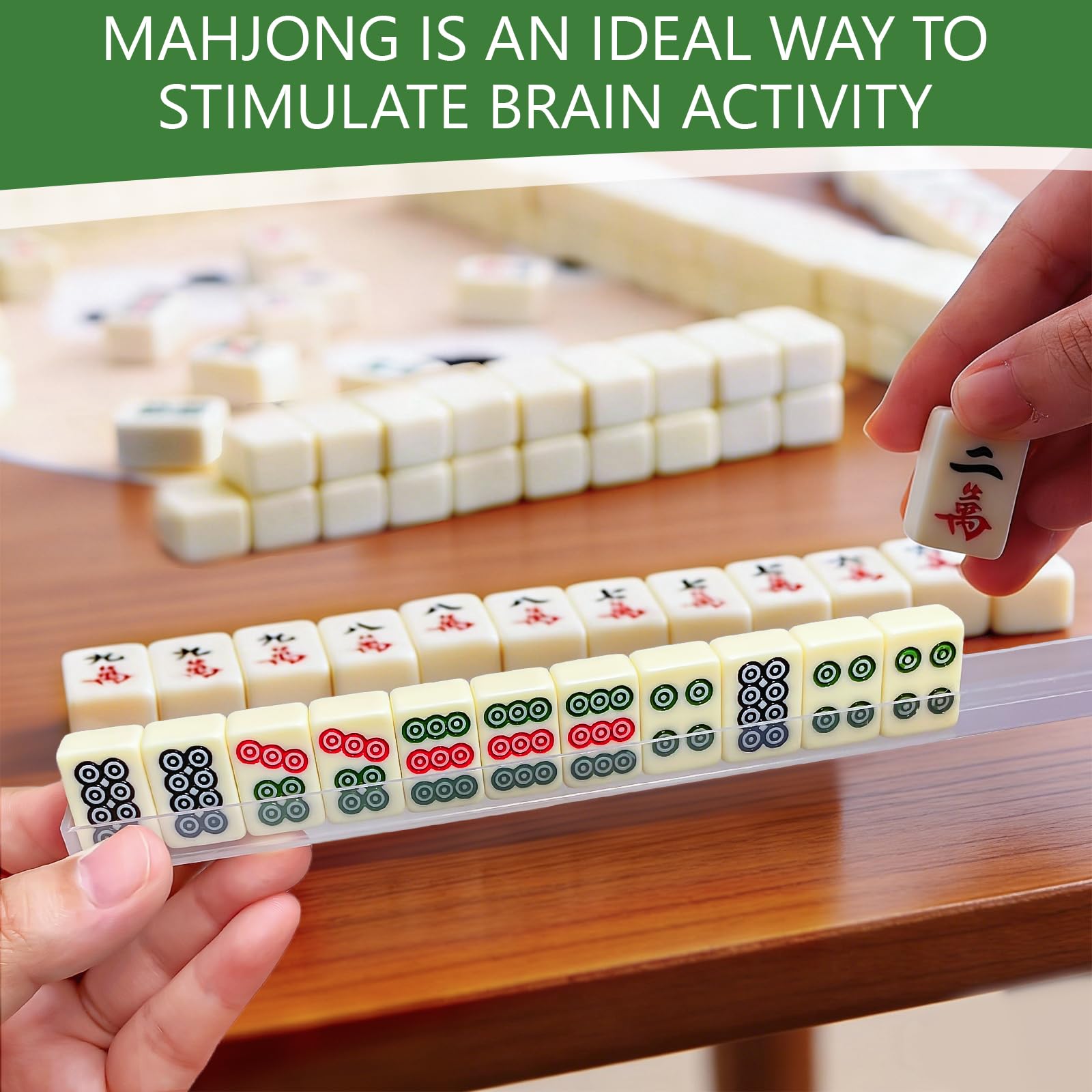 Mini Mahjong Portable, Jeu de Mahjong Chinois avec 144 Tuiles pour Voyage, Famille, Réunions (Blanc Cassé)