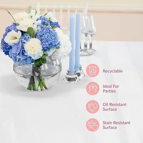 Vista 5 de Prestee Manteles redondos de plástico de 84 pulgadas, paquete de 24 manteles desechables de color blanco para fiestas, manteles redondos