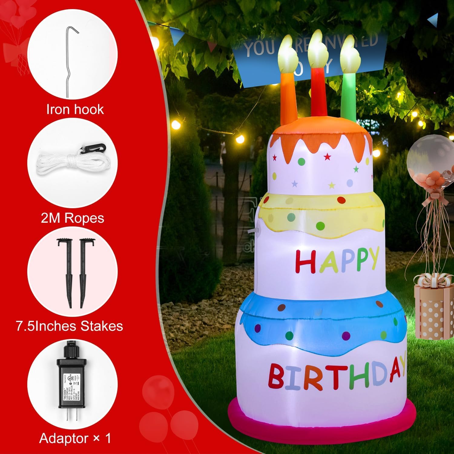 6FT Happy Birthday Inflatable Cake with Candles Built-in LED Lights Blow Up Yard Decoration for Indoor Outdoor Garden Lawn Patio Party Holiday