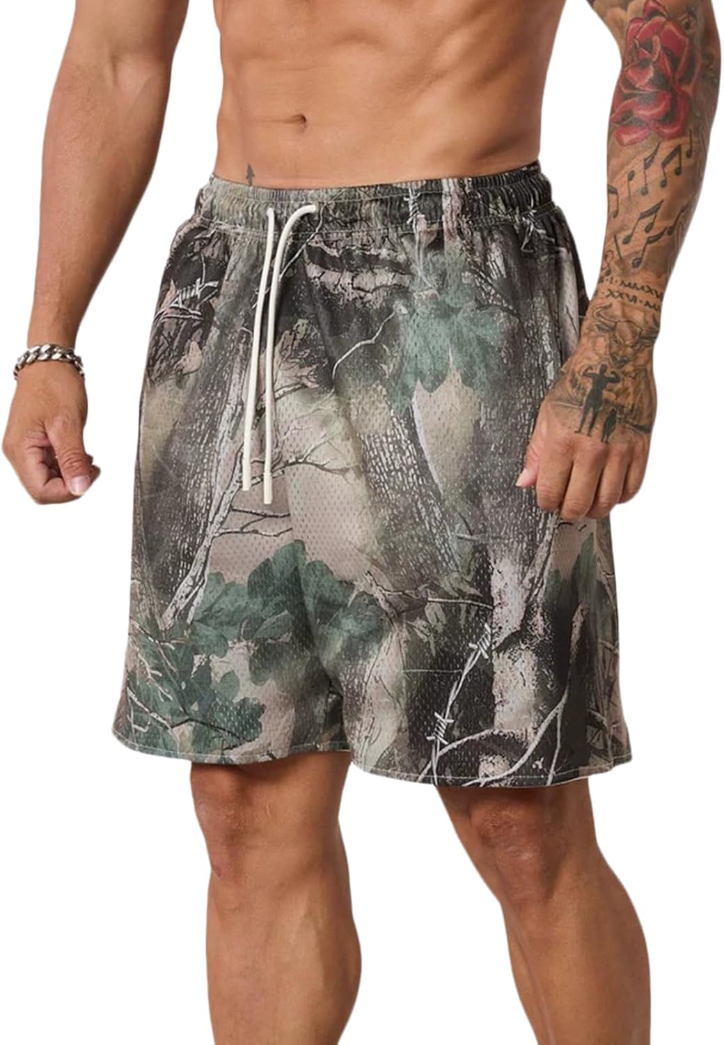 Mens Basketball Shorts Camo Graphic Casual Workout Running Laef Drawstring Shorts with Pockets