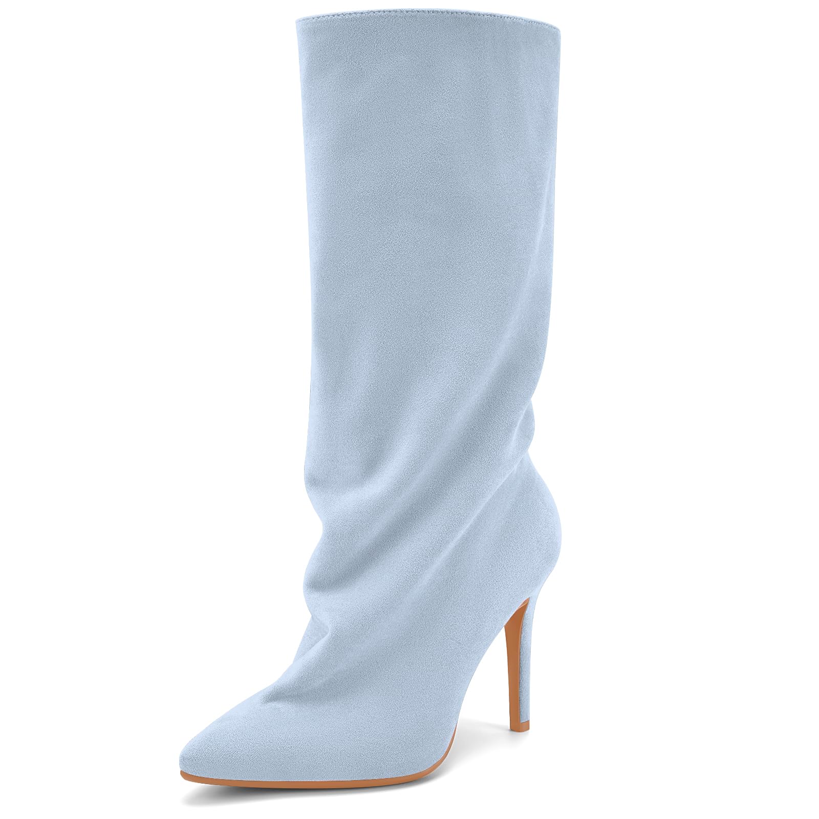 Womens Slouchy Mid Calf Boots Black Long Pull on Boot Stiletto Heel Pointed Toe Shark Boots for Ladies