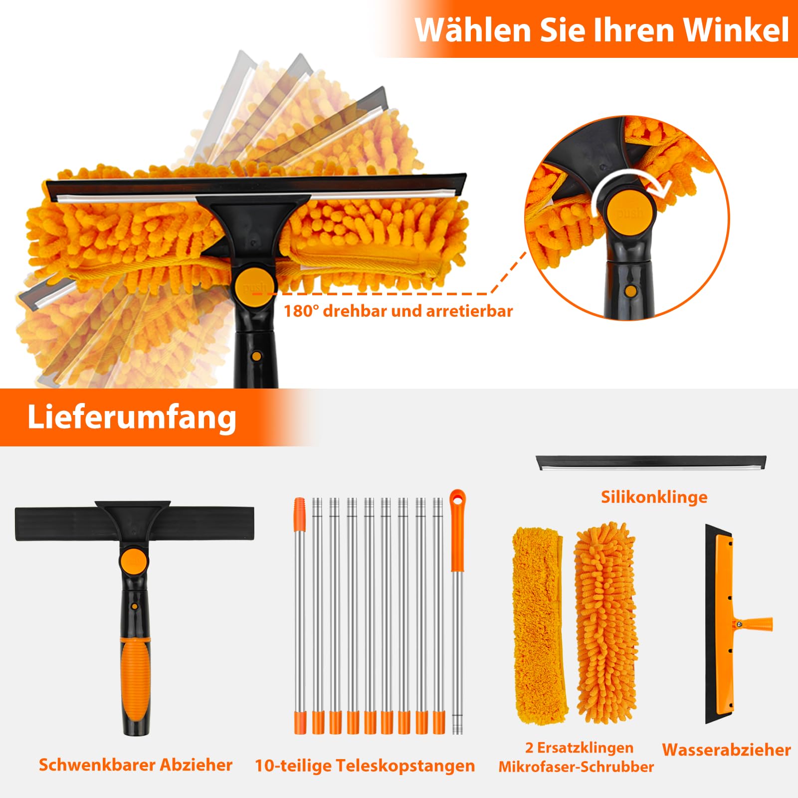4.5M Fensterwischer Teleskop Fuer Fenster: 2 in 1 Fensterputzer Putzen Set Profi Abzieher Fensterabzieher Mit Teleskopstiel Teleskopstange Fensterreinigung Hohe Fenster Dachfenster Ür Innen und Außen